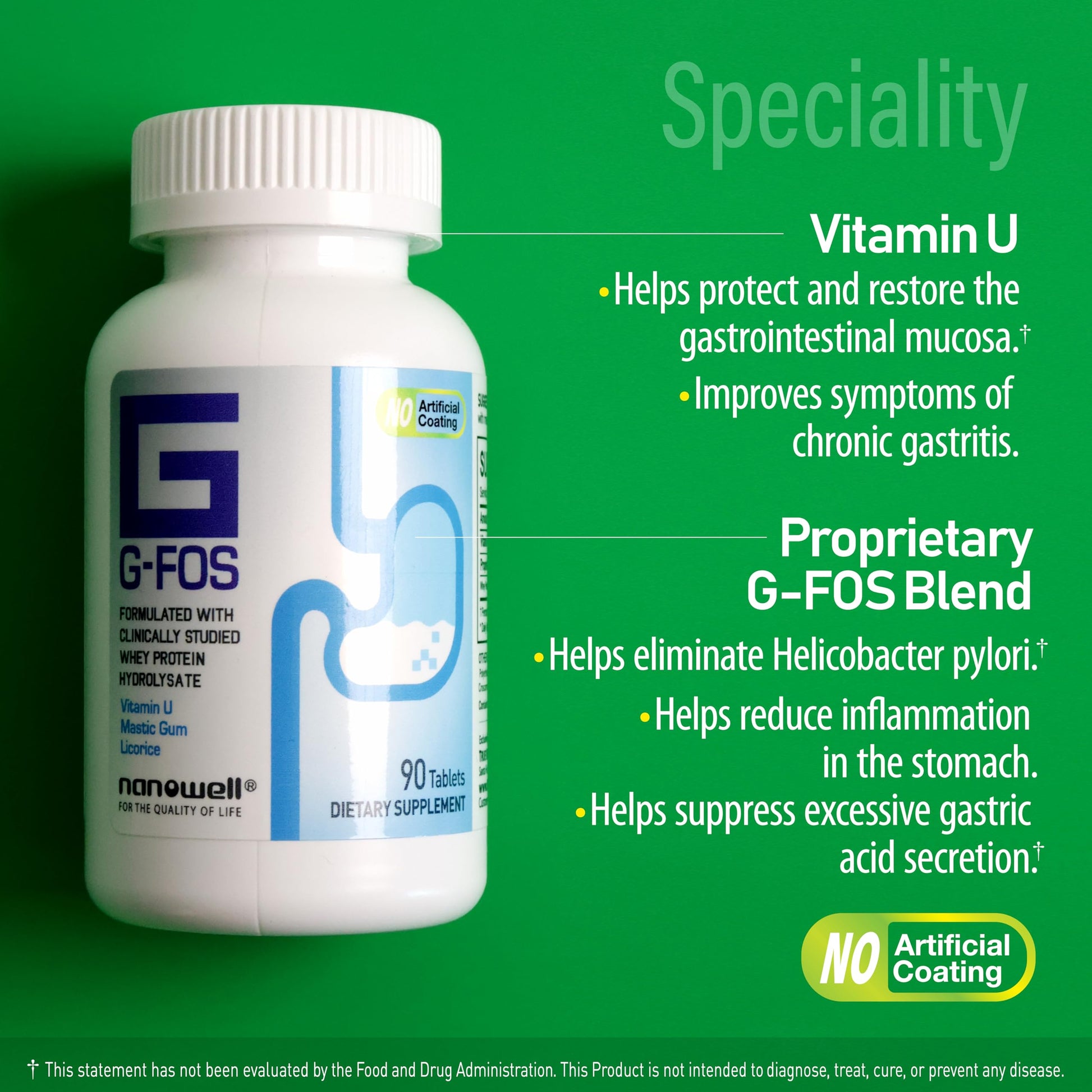 NANOWELL G-FOS Digestive Health Supplement, Vitamin U - 90 Tablets X 2 Bottles for 2 Months (180 Count) NANOWELL uk supplements