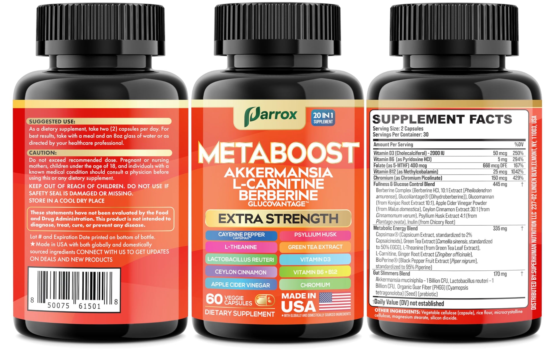 GLP-1 Booster Supplement, Akkermansia, L-Carnitine, Berberine (GlucoVantage), Methylfolate, Methylated B12, Chromium, Capsimax, Psyllium Husk, Probiotics Vitamins D3, B6, 20-in-1 Plant-Based (60 Caps) Parrox uk supplements