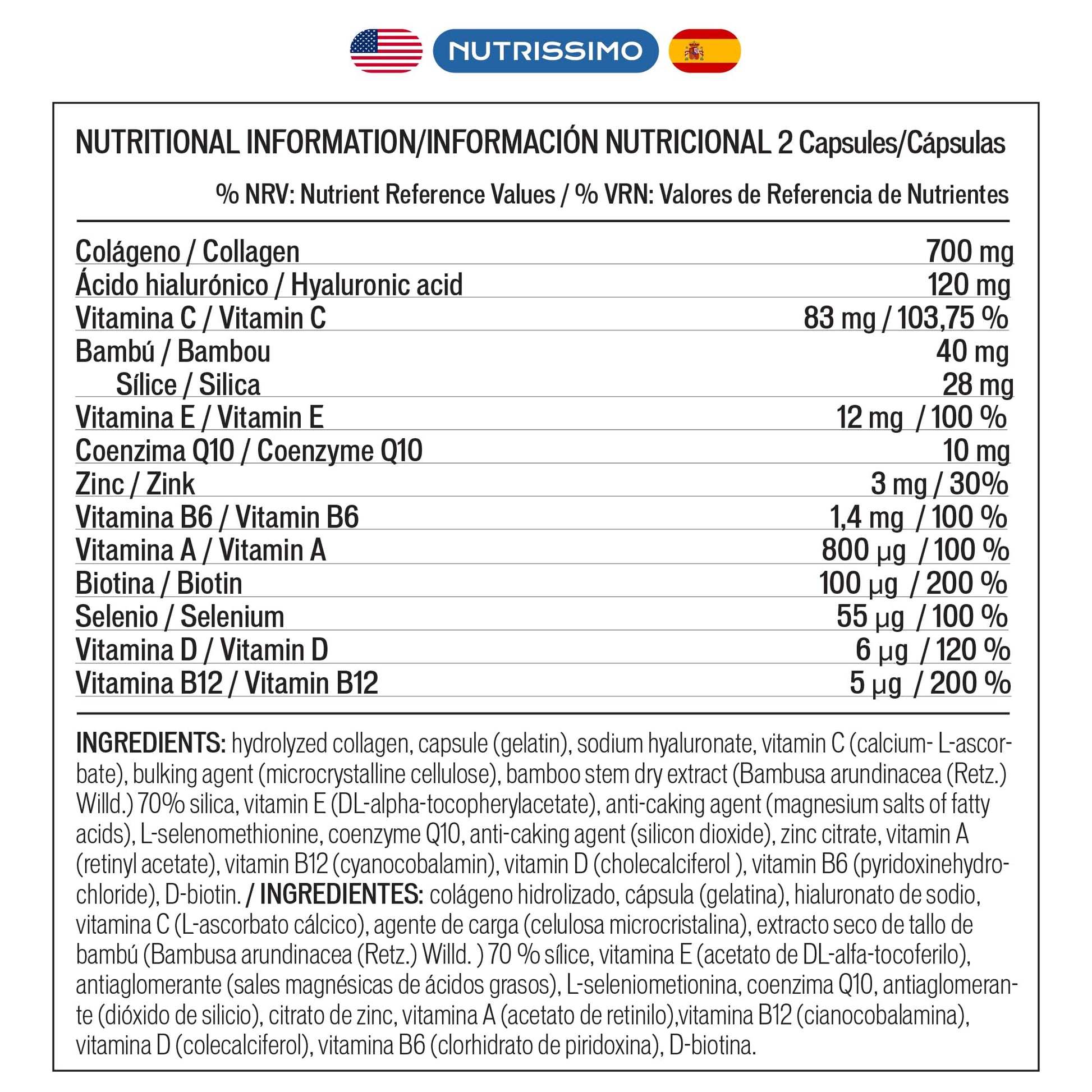NUTRISSIMO Collagen + Hyaluronic Acid + Biotin + CoQ10 + Vitamins A, C (non-acidic), D and B12 + Zinc NUTRISSIMO uk supplements