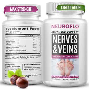 Mizzle Leg Circulation Supplement - Supports Nerves, Veins with 1470mg, 8 in 1 Capsule of Chestnut, Diosmin, Hawthorn for Maximum Relief in Toes, Feet, Ankles, Calves, Legs - Neuroflo Mizzle uk supplements