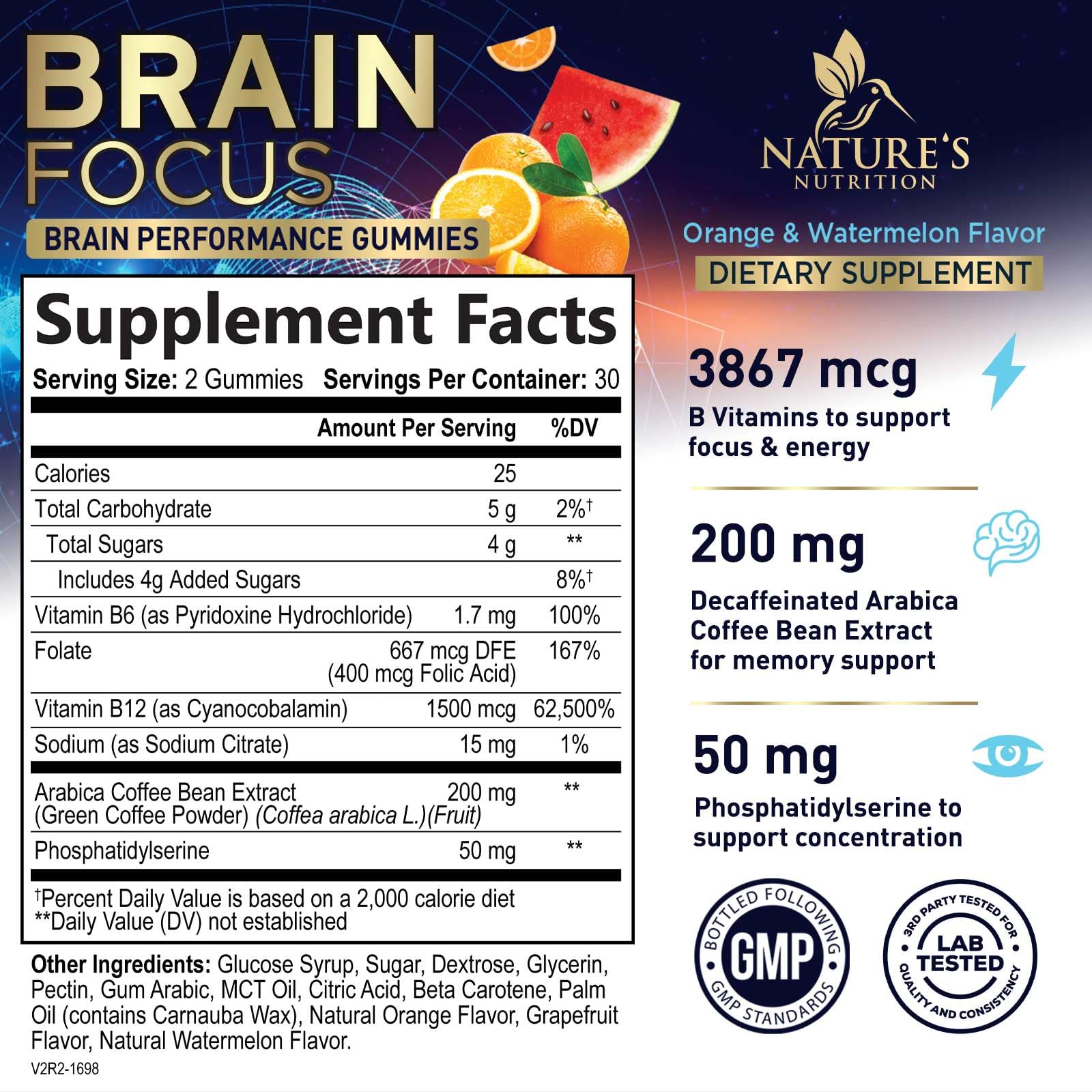 Brain Supplements for Memory and Focus with Phosphatidylserine, Nootropic Memory Supplement Gummy for Brain Health, Concentration, Mental & Cognitive Support, Focus Vitamins with B6 & B12-60 Gummies Nature's Nutrition uk supplements