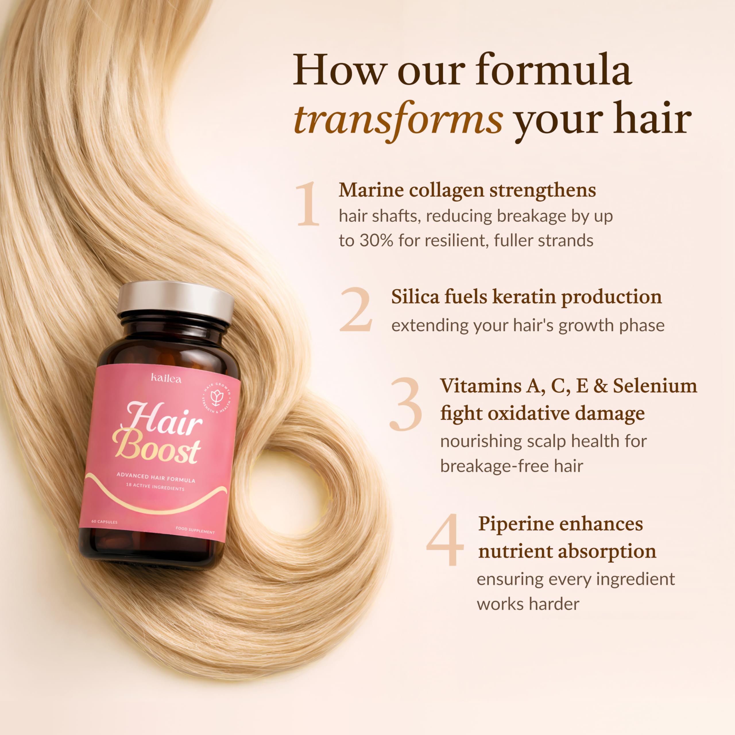 18-in-1 Hair Growth Supplement | Collagen, Hyaluronic Acid, Nettle, Silica, Biotin, Grape Seed Extract, Bamboo | Stronger, Thicker, Longer Hair – Supports Hair Volume, Shine, Scalp & Nail Health kailea uk supplements