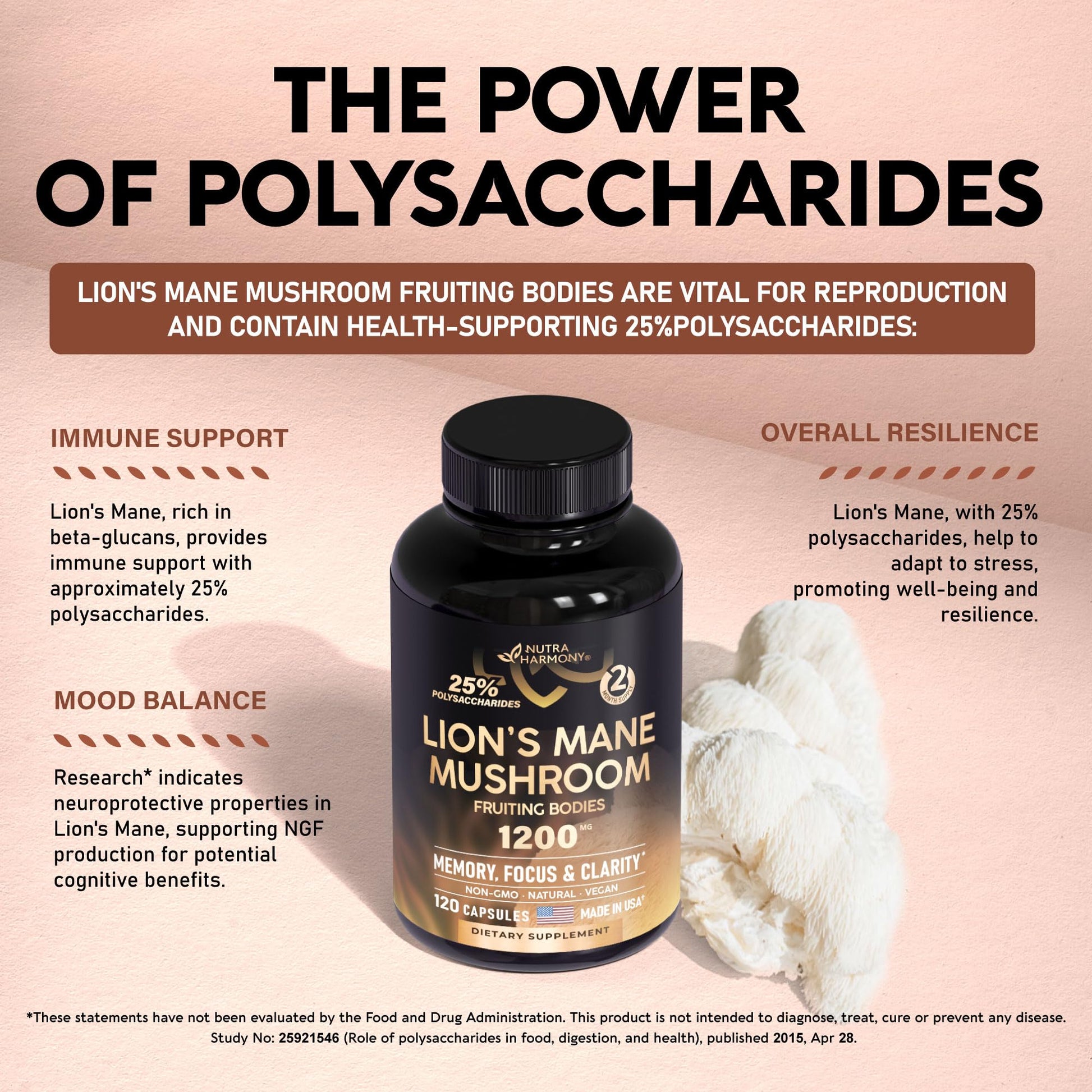 Organic Lions Mane - Certified Mushroom Supplement - Made in USA - Fruiting Bodies NUTRAHARMONY uk supplements