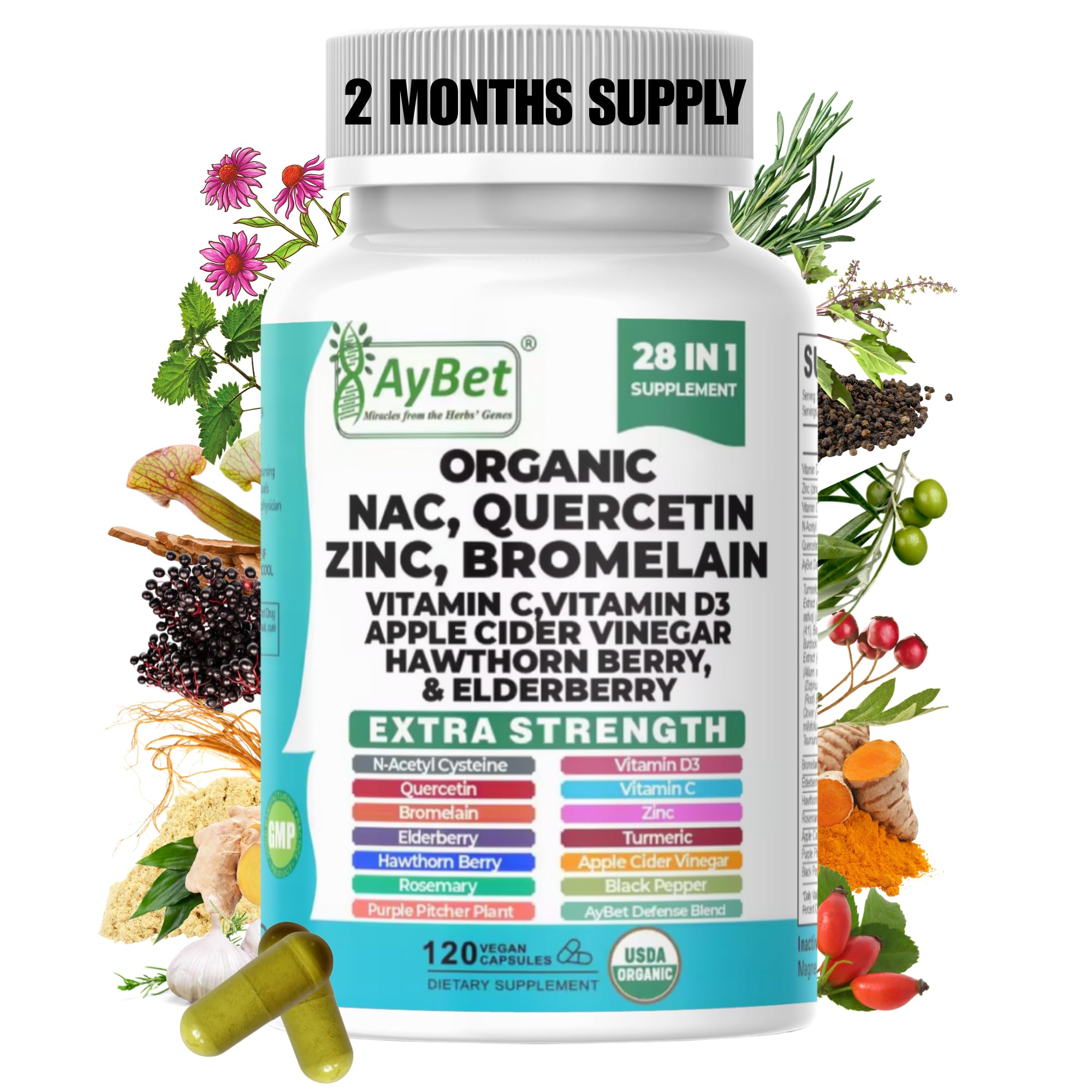 NAC-n-acetyl cysteine- Quercetin Zinc Bromelain Supplement | Extra Strength with Vit C, D3, Apple Cider Vinegar, Elderberry, Hawthorn Berry, Turmeric | Immune Support|120 Vegan Capsules | USDA Organic AyBet uk supplements