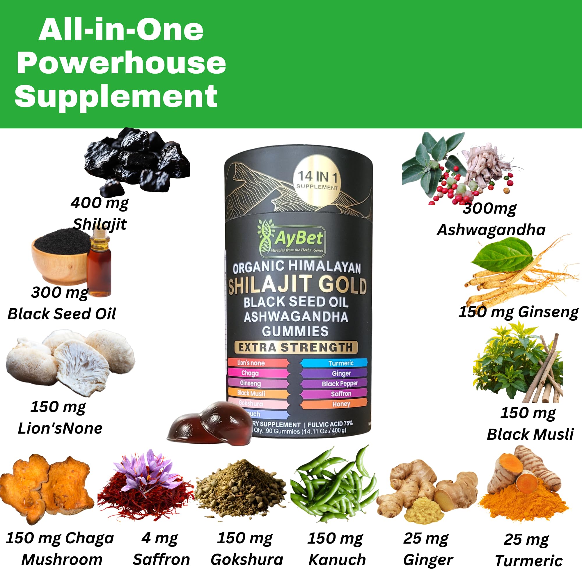 AyBet Organic Himalayan Shilajit Gold Gummies for Men and Women, Black Seed Oil, Ashwagandha, Ginseng, Turmeric, Gokshura, Lion's None, Lab Tested,%75 Fulvic Acid, No Sugar Added, Halal, 90Gummy AyBet uk supplements
