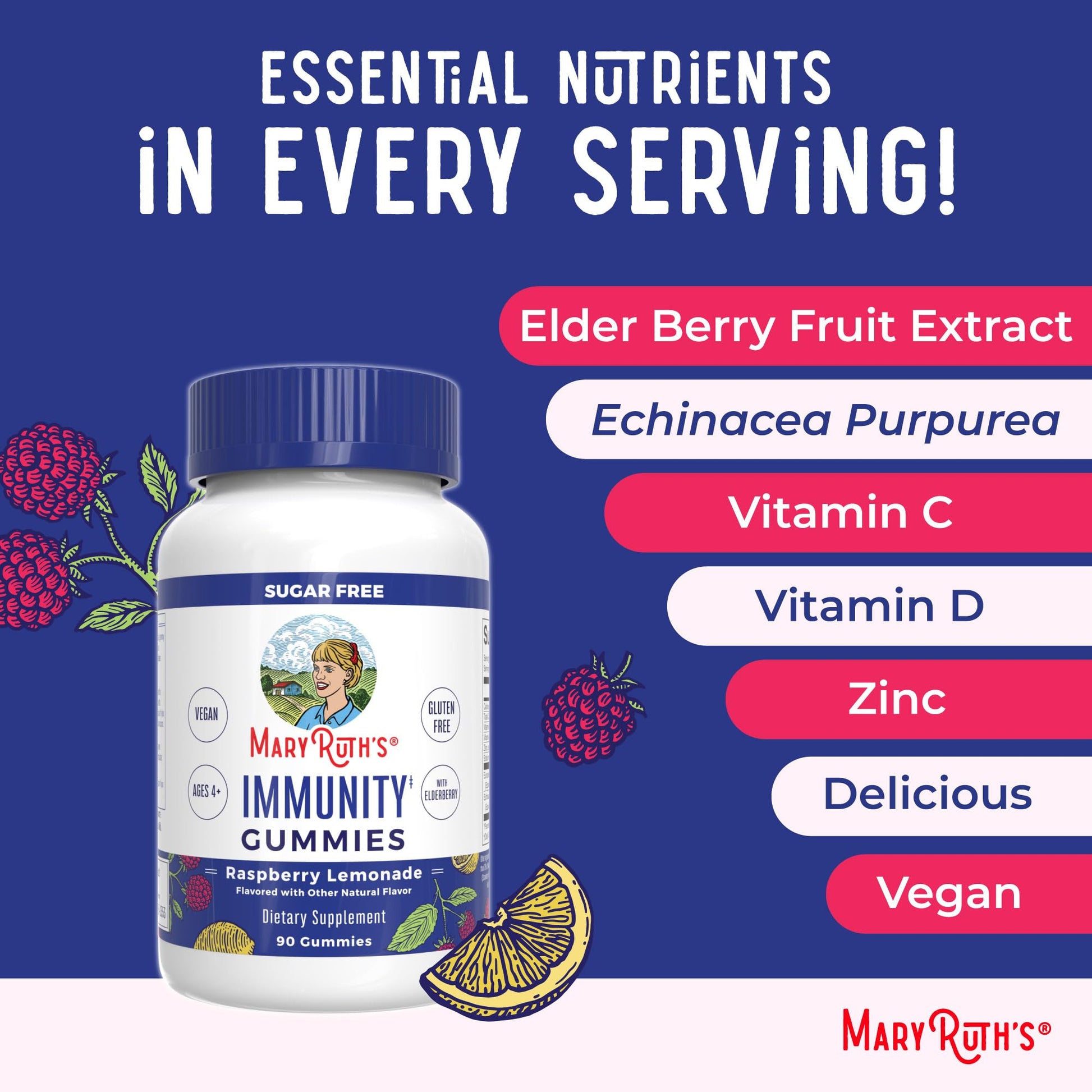MaryRuth Organics Sugar Free Immunity Gummies | Powerful Blend | Elderberry Vitamin C & Zinc | Vitamin D3 & Echinacea | Immune Support Supplement | Gummies for Kids & Adults | Vegan | Non GMO | 90ct MARYRUTH'S uk supplements