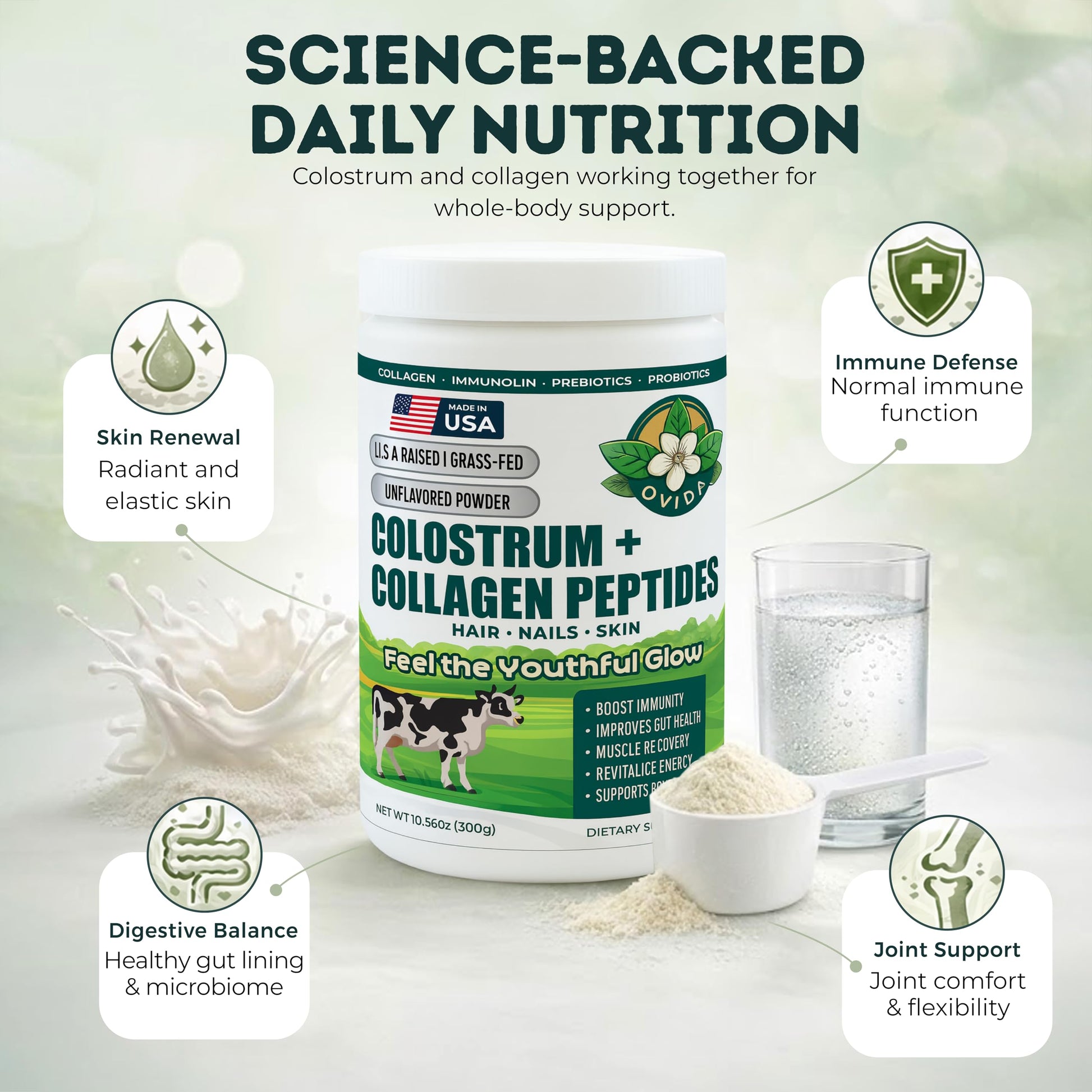 Bovine Colostrum and Hydrolyzed Collagen Peptides Powder Supplement for Women & Men - Supports Gut Health, Joint & Bone Health, Hair Skin Nails - Grass-Fed, Non-GMO, Gluten Free, 300g (30 Servings) OVIDA uk supplements