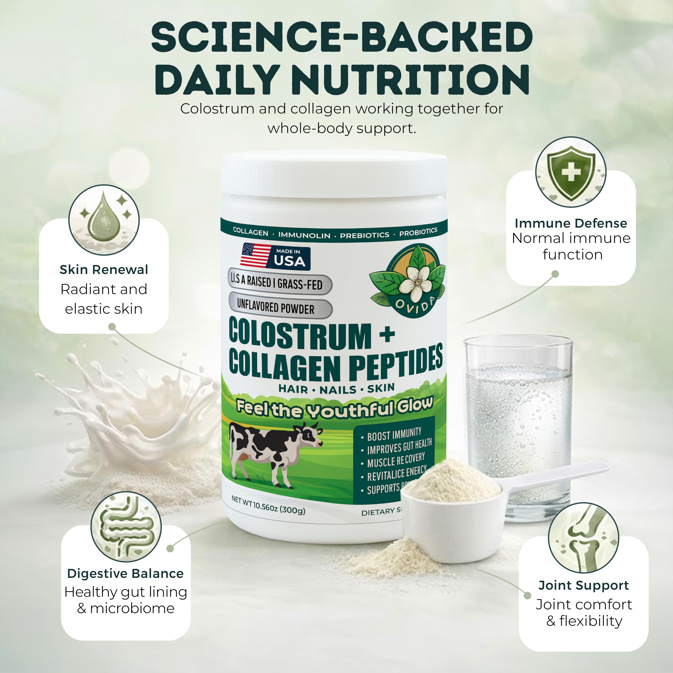 Bovine Colostrum and Hydrolyzed Collagen Peptides Powder Supplement for Women & Men - Supports Gut Health, Joint & Bone Health, Hair Skin Nails - Grass-Fed, Non-GMO, Gluten Free, 300g (30 Servings) OVIDA uk supplements