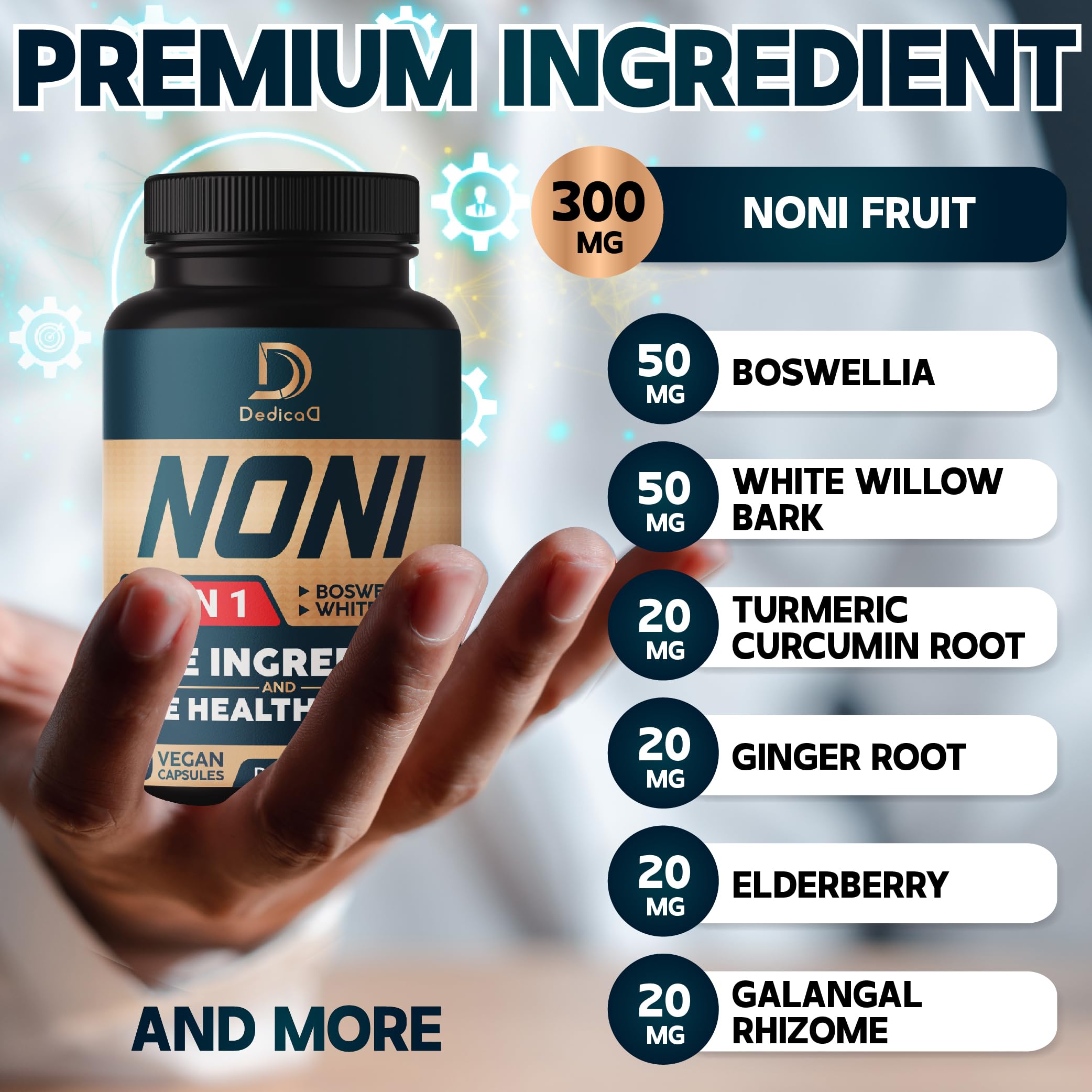 DEDICAD 10in1 Noni Capsules - 4 Month Supply with Elderberry, Boswellia, Turmeric, Ginger & More - Support Muscle, Joint, Digestive & Immune - 2 Packs of 60 Vegan Capsules, Non-GMO & Gluten-Free DEDICAD uk supplements