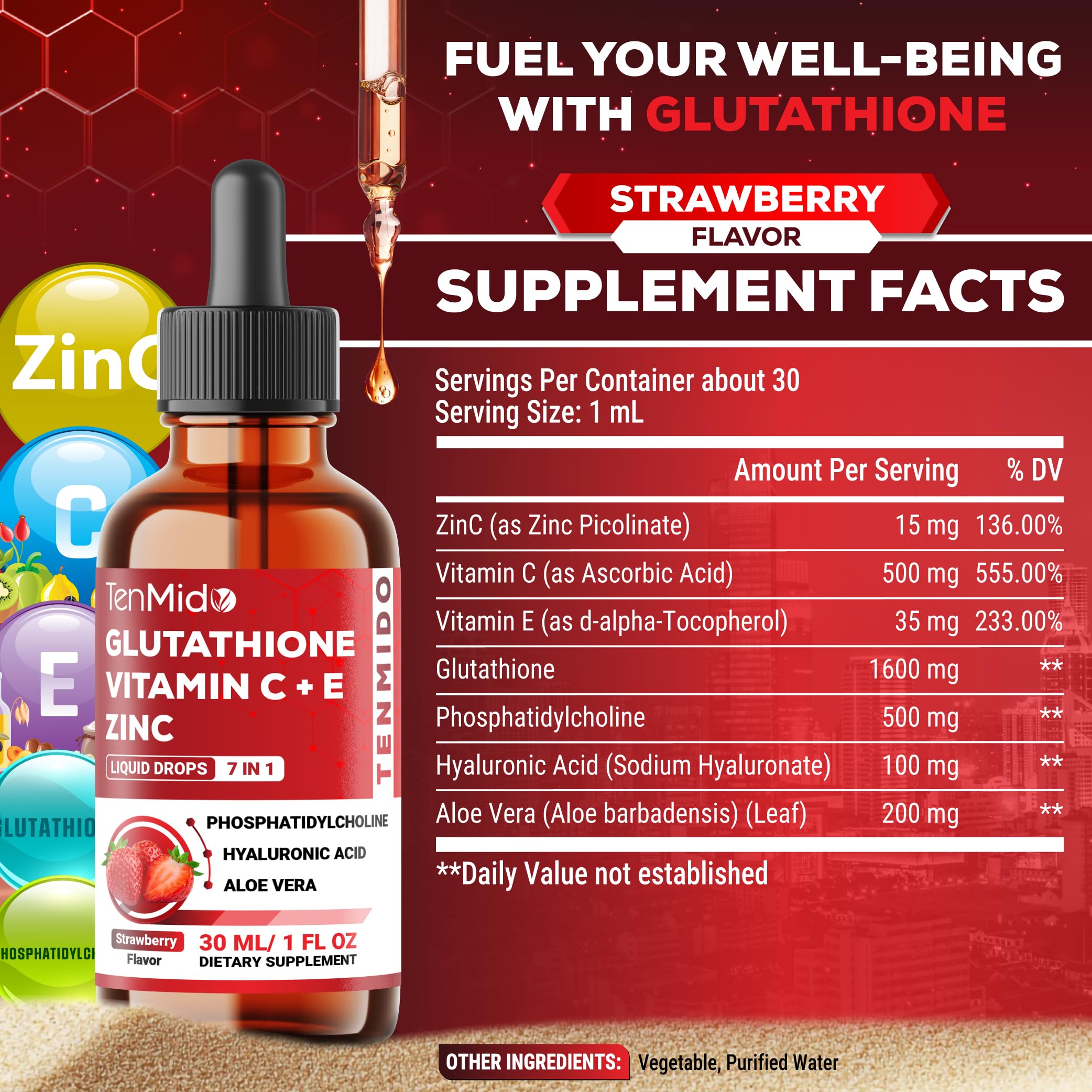 Tenmido Liposomal Glutathione Supplement - 7in1 Liquid Drops with Zinc, Vitamin C, Vitamin E, Phosphatidylcholine, Hyaluronic Acid, and Aloe Vera - Vegan, Non-GMO - 30ml 1 Fl Oz Tenmido uk supplements