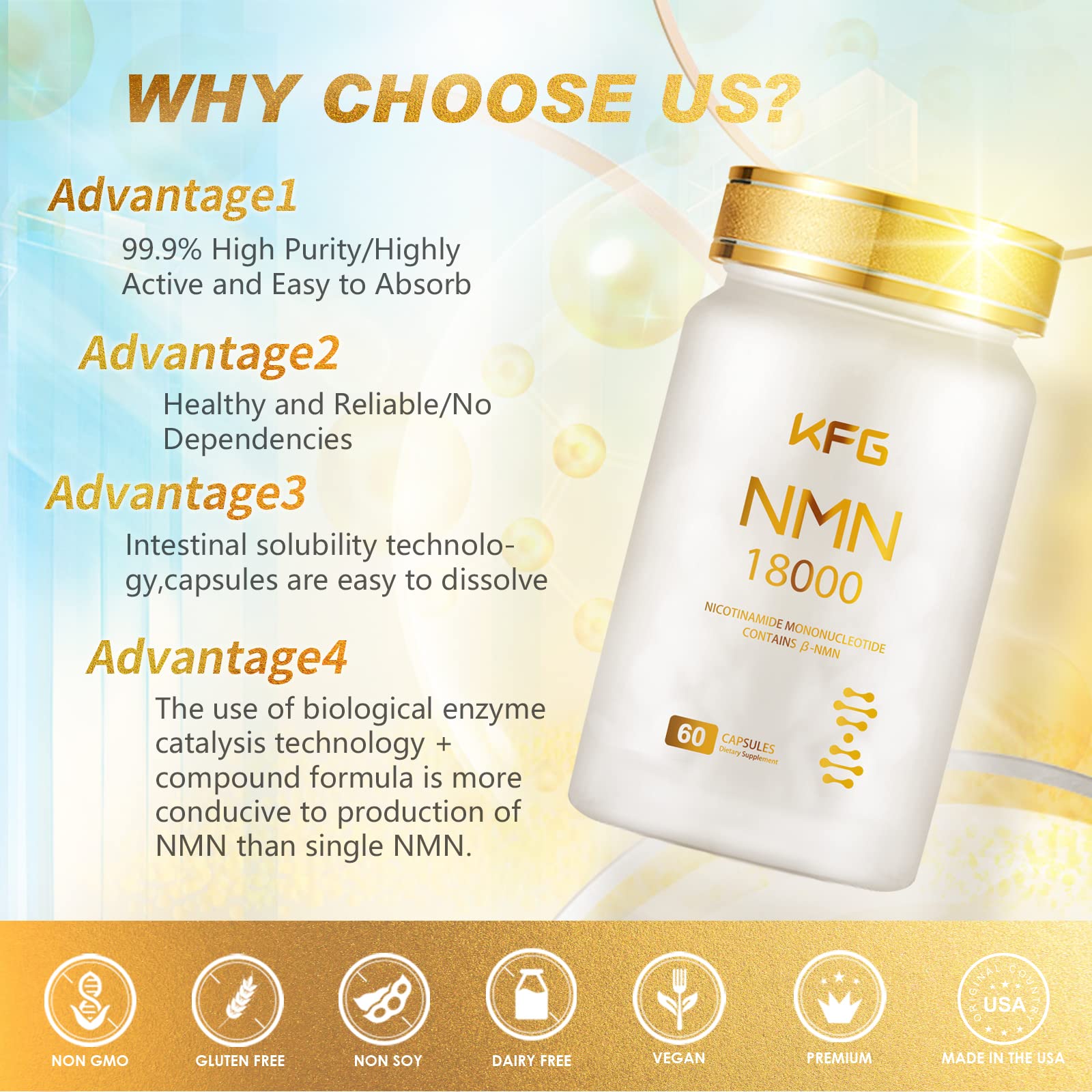 KFG NMN 18000 - NMN Nicotinamide Mononucleotide Supplement with Resveratrol, Stabilized Form & 99% High Purity to Boost NAD+ Levels for DNA Repair Supplement,for Healthy Aging,60 Capsules KFG uk supplements