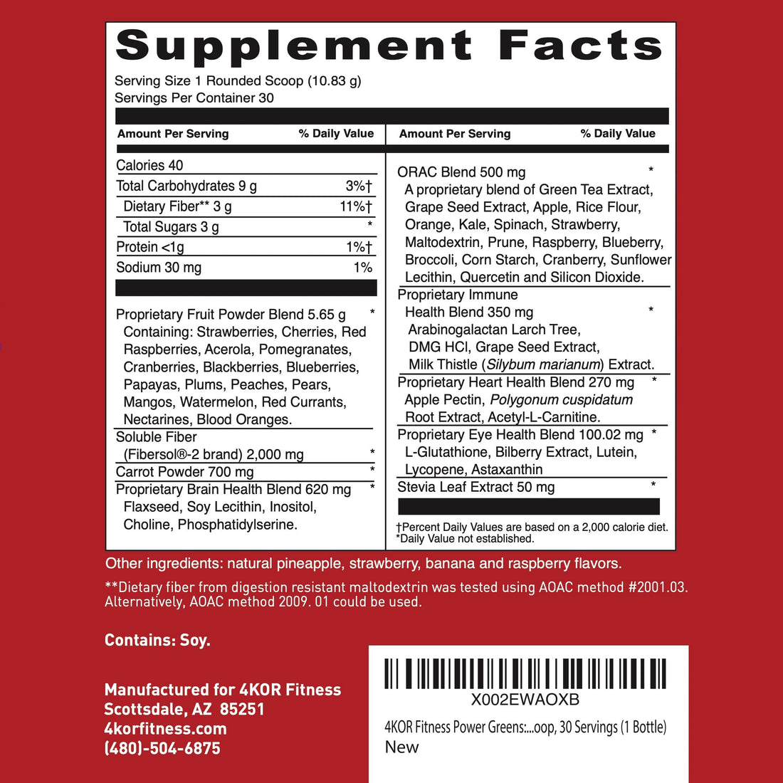 4KOR Fitness Power Reds & Greens: an Energizing Greens Drink Made up of Antioxidant-Rich Superfoods, Gluten-Free and Vegetarian, 30 Servings (1 Bottle) 4KOR Fitness uk supplements