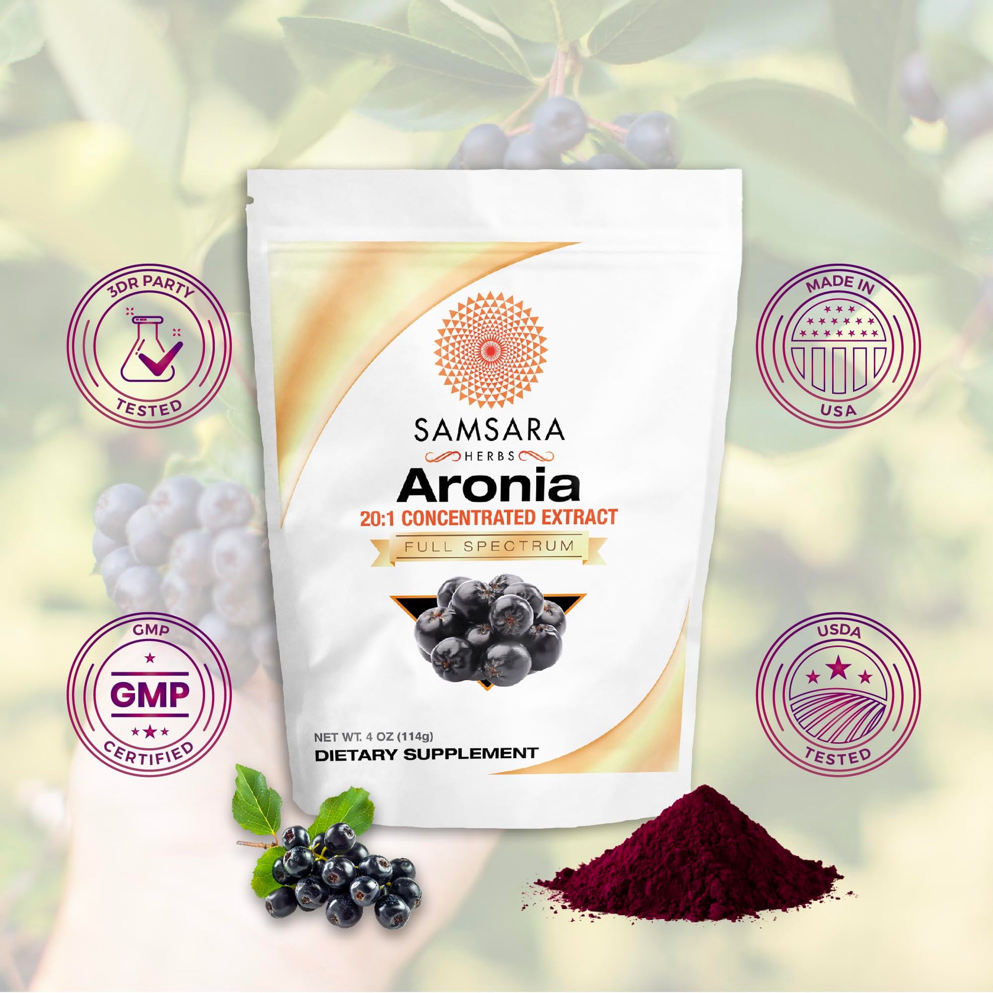 Samsara Herbs Aronia Berry 20:1 Extract Powder (16oz/454g) - Antioxidant, Flavonoids and Polyphenols Supplement - High ORAC - Native American Berry - Improved Wellbeing Samsara Herbs uk supplements