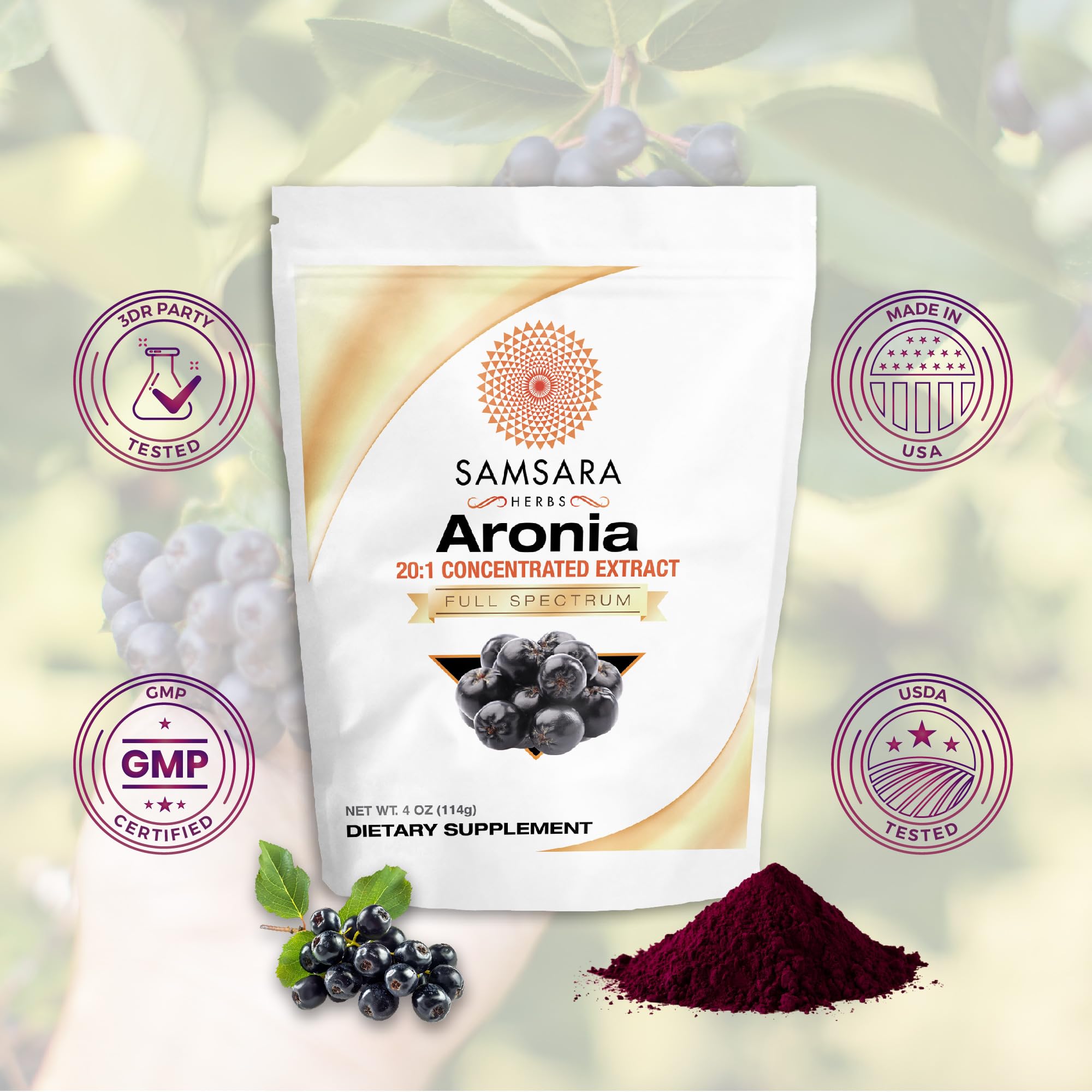 Samsara Herbs Aronia Berry 20:1 Extract Powder (16oz/454g) - Antioxidant, Flavonoids and Polyphenols Supplement - High ORAC - Native American Berry - Improved Wellbeing Samsara Herbs uk supplements