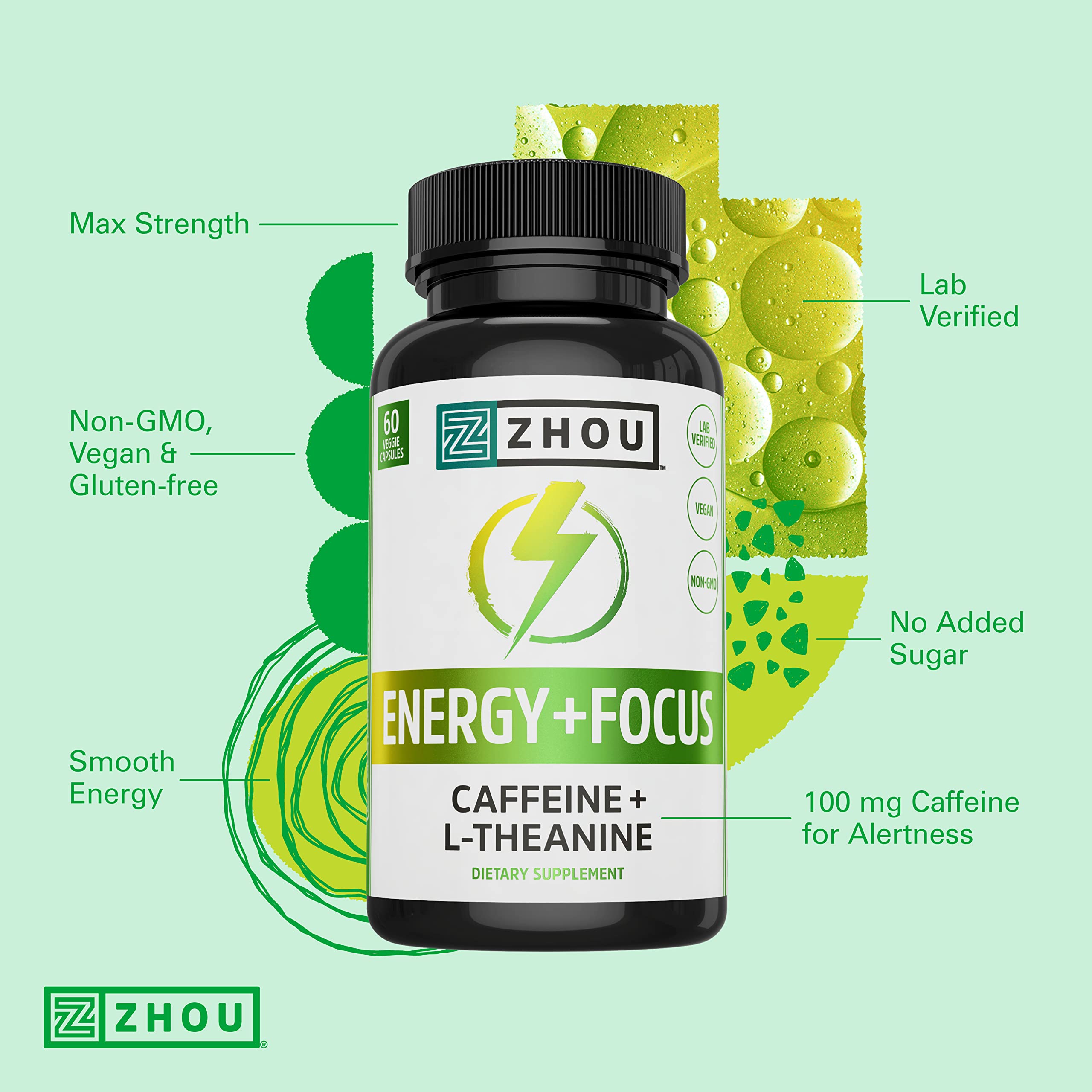 Zhou Energy + Focus - L Theanine Caffeine Pills, 200mg L-Theanine, 100mg Natural Anhydrous Caffeine Boost for Adults, Men & Women, Slow Extended Release - 60 Vegetarian Capsules (Pack of 1) ZHOU uk supplements