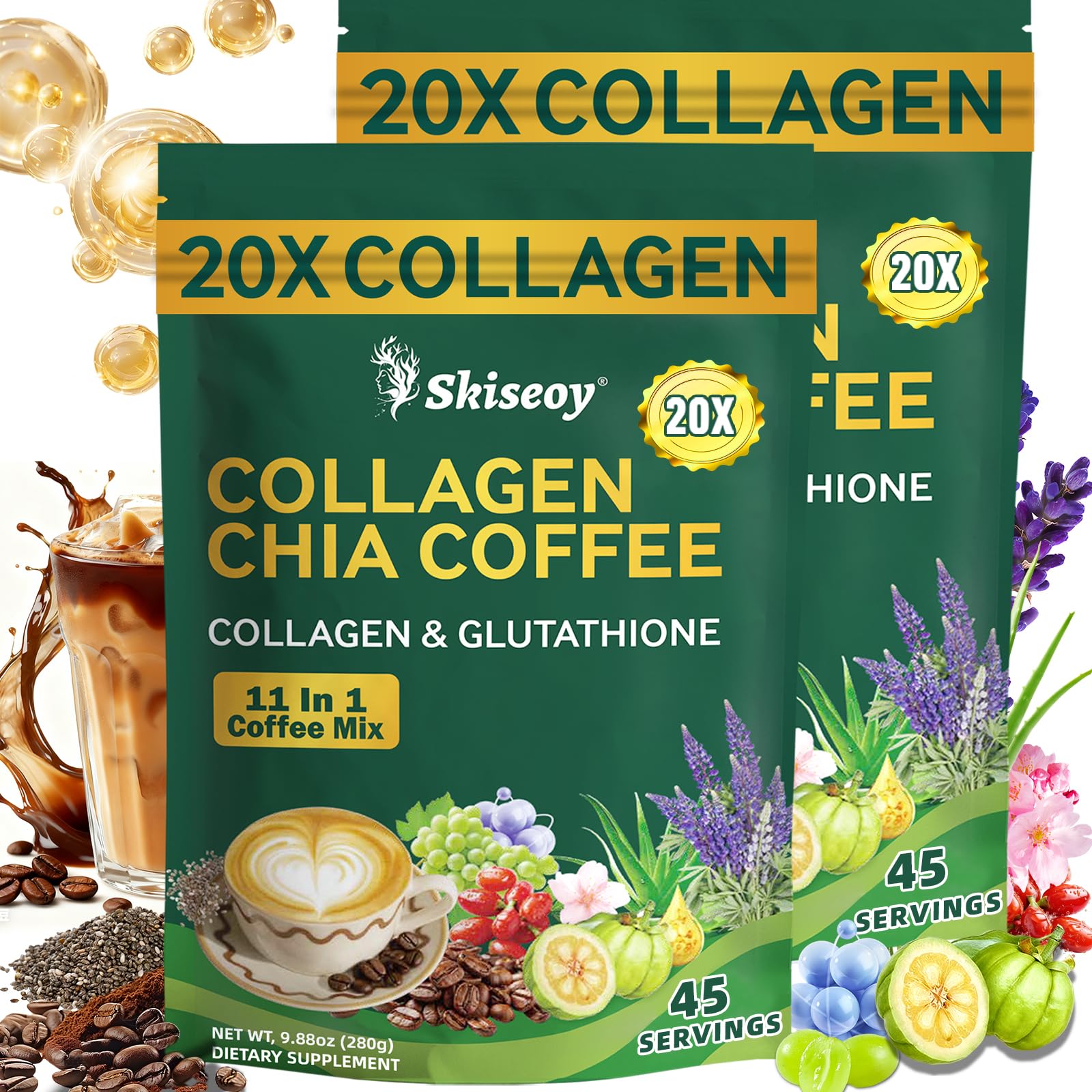 Skiseoy 20x Collagen Chia Coffee - 11-in-1 Coffee Shape Mix with L-Glutathione for Skin, Hair, Joints - Boost Energy and Focus, Vegan Friendly, 45 Servings Skiseoy uk supplements
