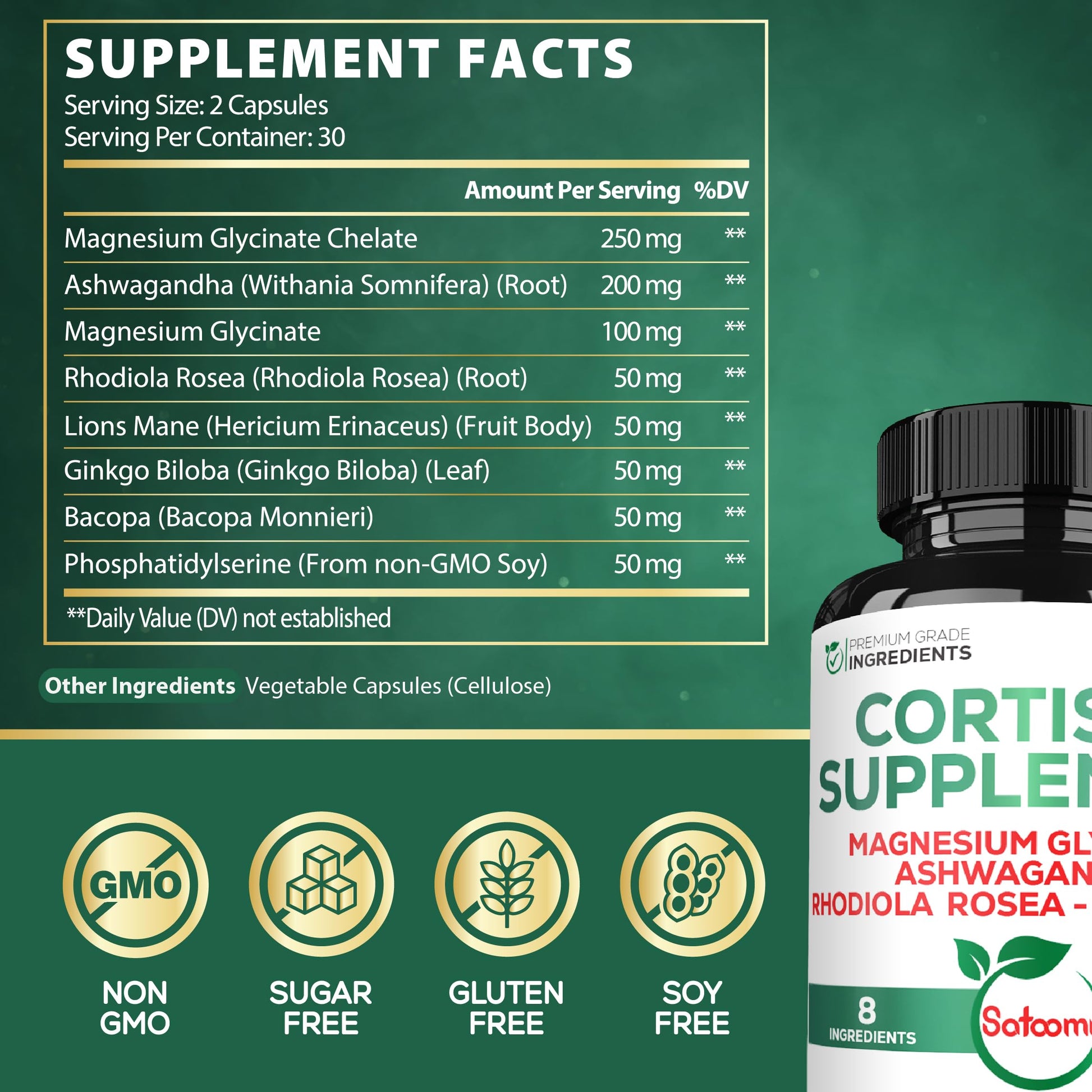 Satoomi 8in1 Cortisol Manager with Magnesium Glycinate, Ashwagandha, Rhodiola Rosea, Lions Mane & More - Cortisol Reducer Supplement Men & Women - 60 Capsules Satoomi uk supplements