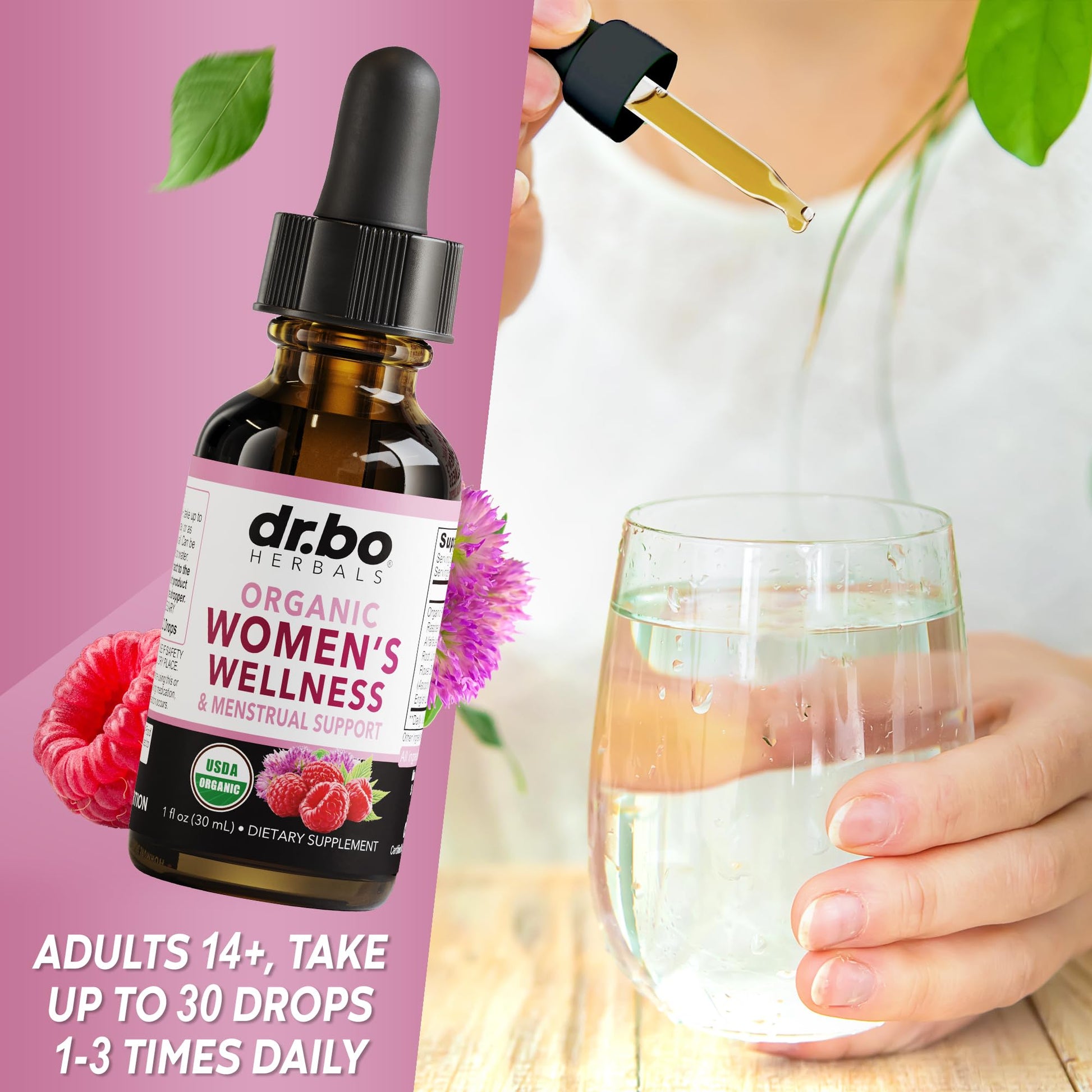 Hormone Balance for Women & PMS Relief - Women's Wellness Organic Hormonal Balance Supplements Liquid Drops & Menstrual Cramp Period Support - Raspberry Leaf, Chasteberry, Black Cohosh Supplement 1 Oz DR. BO uk supplements