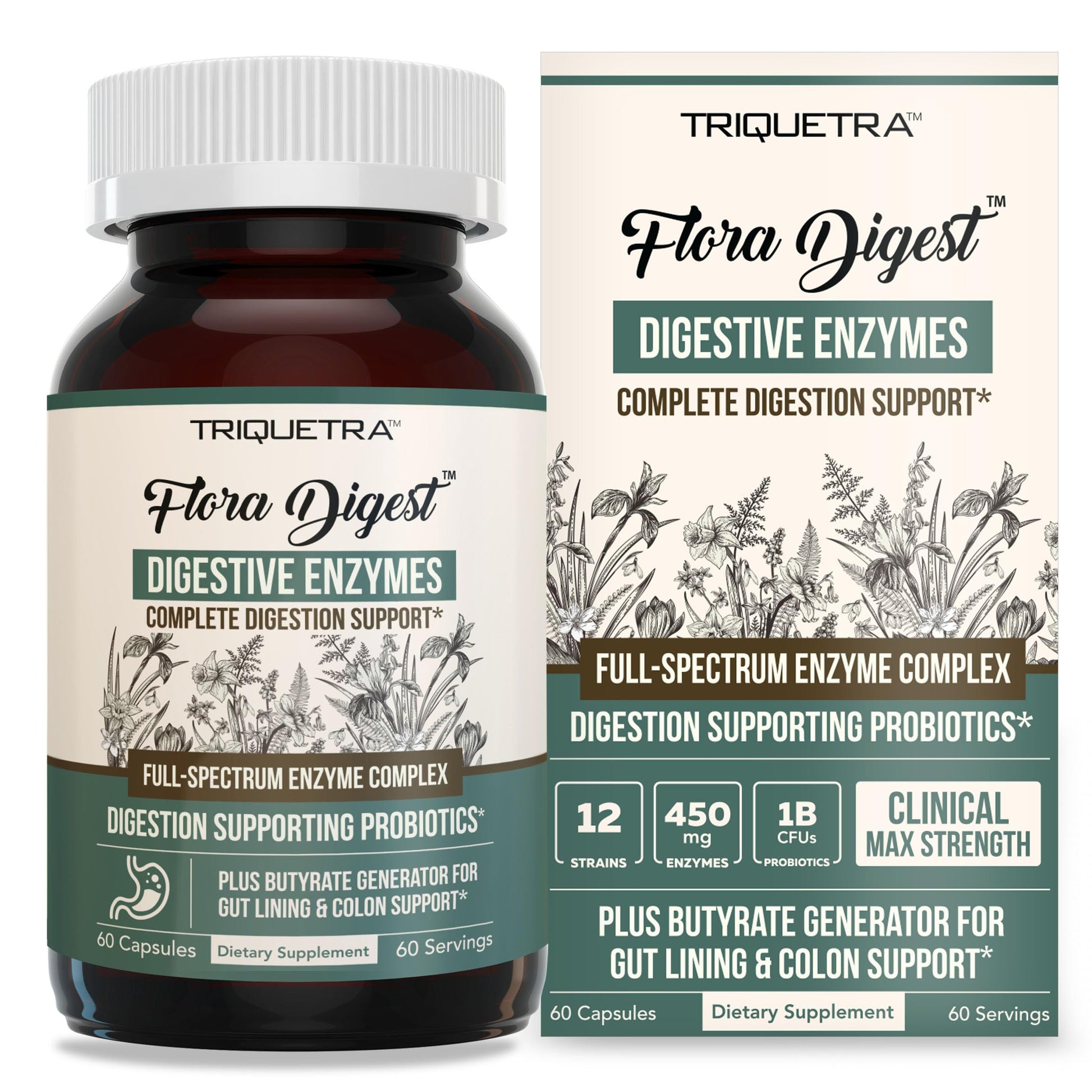Flora Digest - 3-in-1 Max Strength Digestive Enzymes + Gut Surviving Probiotics & ButyraGen® Postbiotic for Optimal Digestion, Bloating Relief, Regularity, Gut Lining & Colon Support - (60 Capsules) Triquetra Health uk supplements