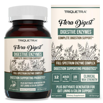 Flora Digest - 3-in-1 Max Strength Digestive Enzymes + Gut Surviving Probiotics & ButyraGen® Postbiotic for Optimal Digestion, Bloating Relief, Regularity, Gut Lining & Colon Support - (60 Capsules) Triquetra Health uk supplements