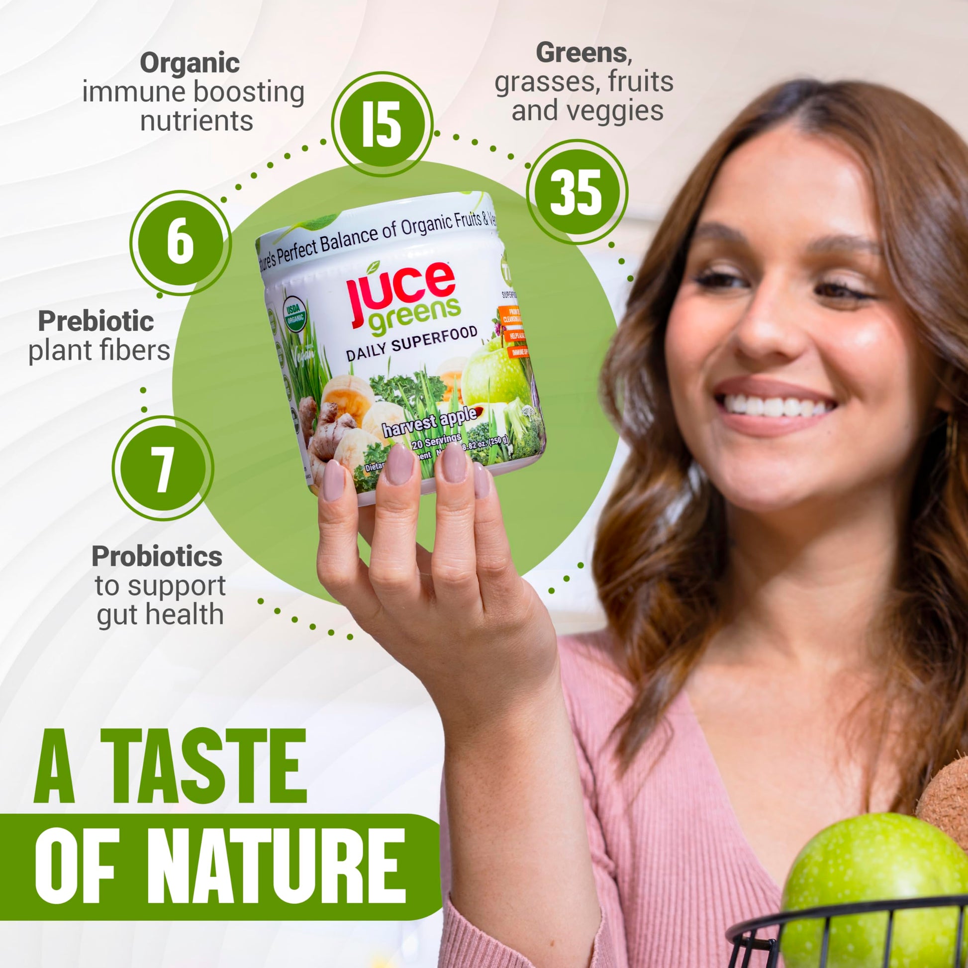 Terra Kai Organics JUCE Green Superfood Powder, Organic Fruits and Veggies Supplement W/ 77 Superfoods Plus Prebiotic Probiotic Blend, Harvest Apple Flavor - 20 Servings (250 g) Terra Kai Organics uk supplements