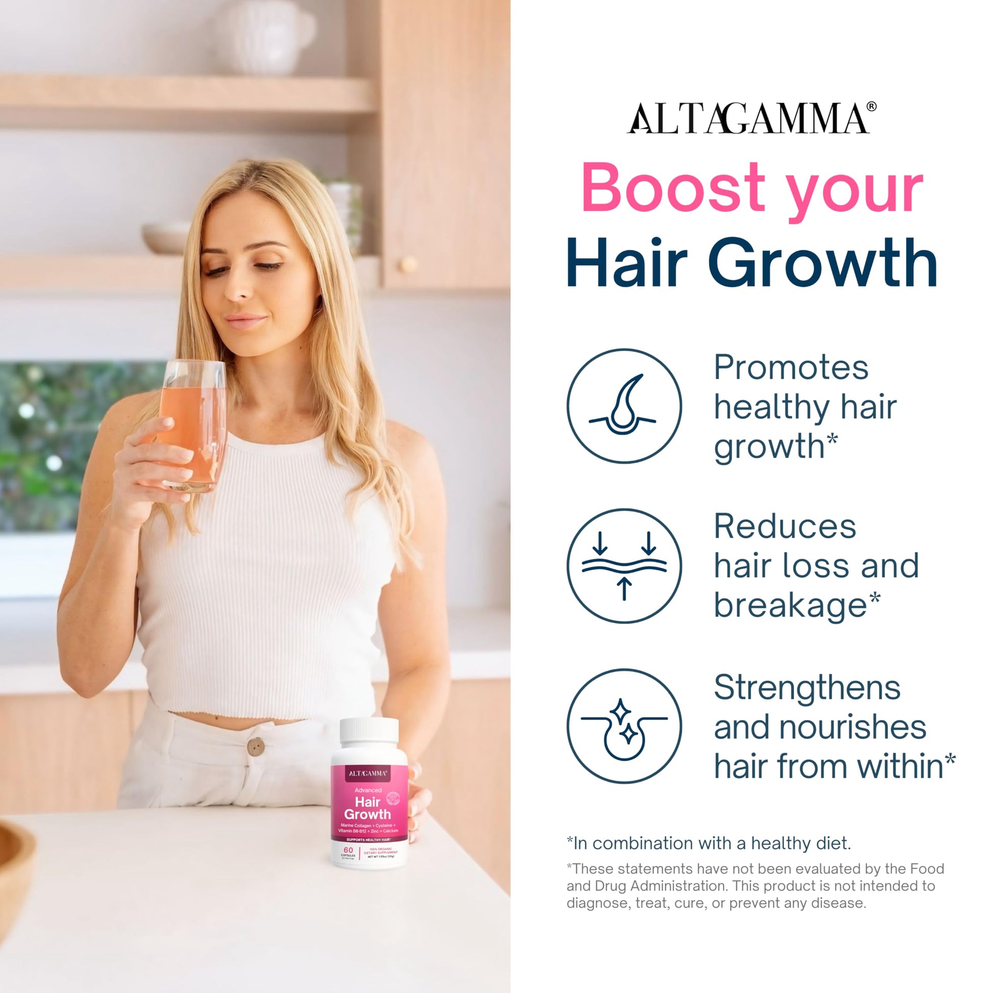 ALTAGAMMA Hair Growth Supplements - Nourishes Thinning, Strengthen Nails & Skin & Combat Hair Loss - Hair Growth Vitamins for Women & Men with Marine Collagen Peptides, 60 Capsules | 30 Day Supply ALTAGAMMA uk supplements