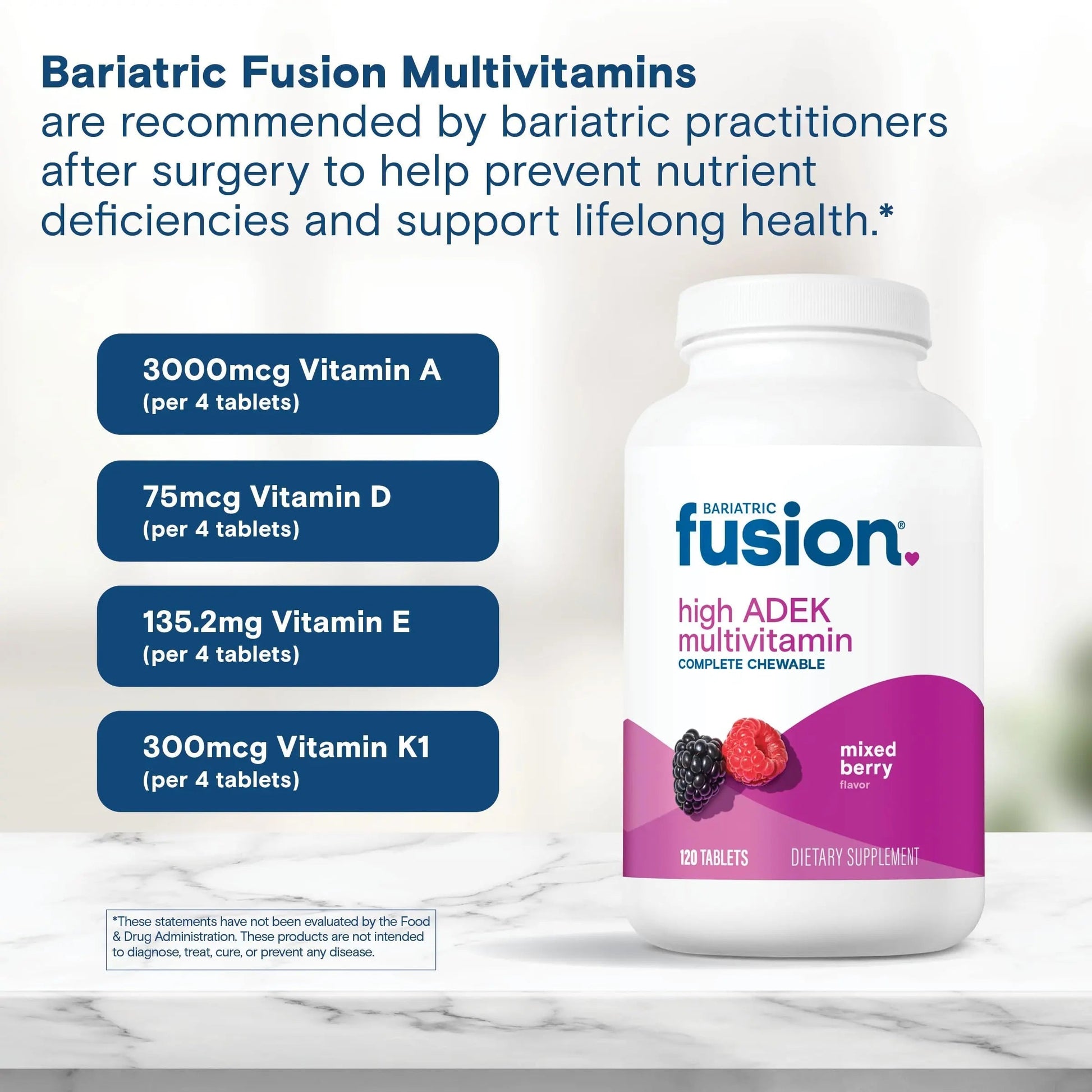 Bariatric Fusion Chewable Multivitamin with High ADEK Vitamins | Multi for Duodenal Switch Patients | Mixed Berry Flavored Tablets | Bariatric Fusion uk supplements