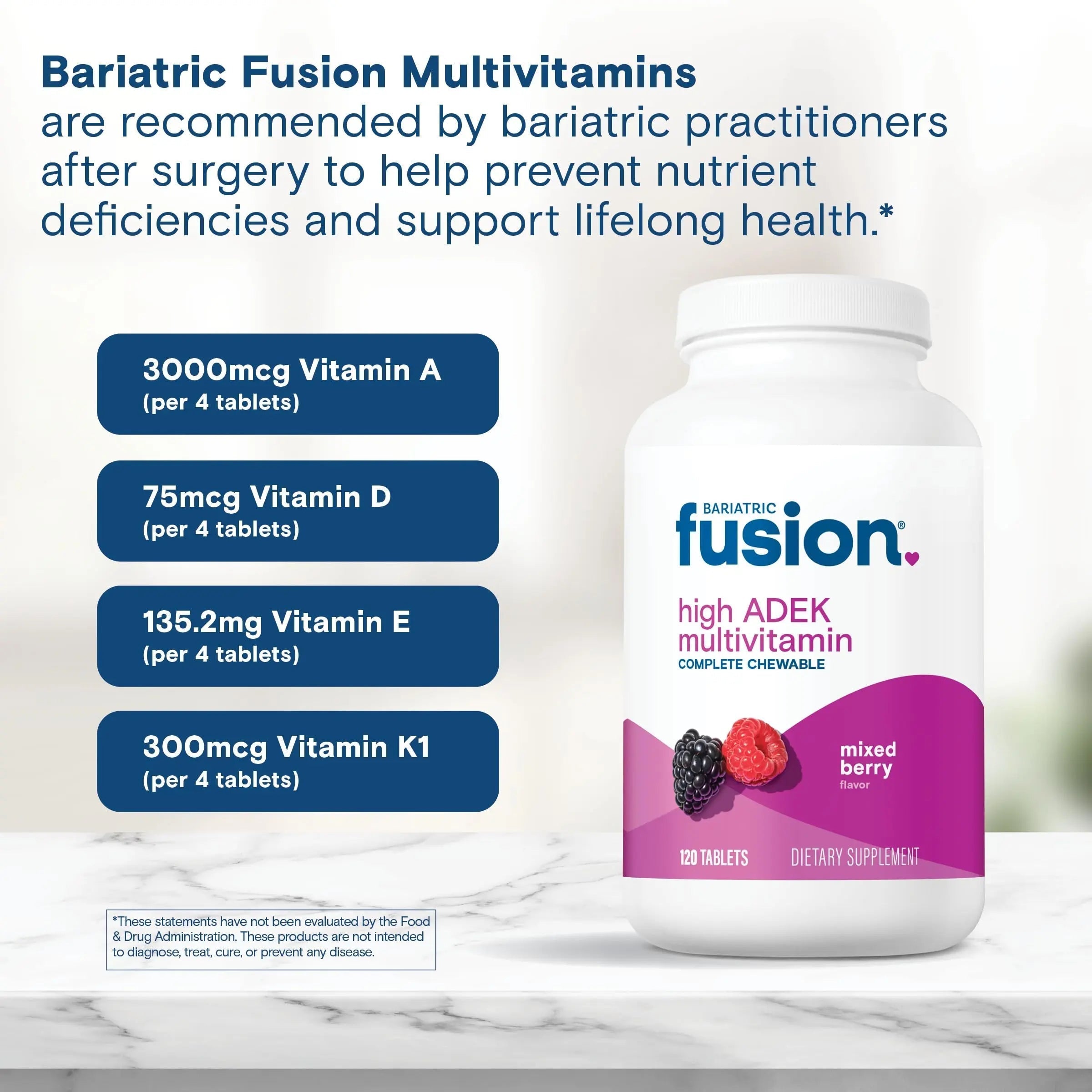 Bariatric Fusion Chewable Multivitamin with High ADEK Vitamins | Multi for Duodenal Switch Patients | Mixed Berry Flavored Tablets | Bariatric Fusion uk supplements