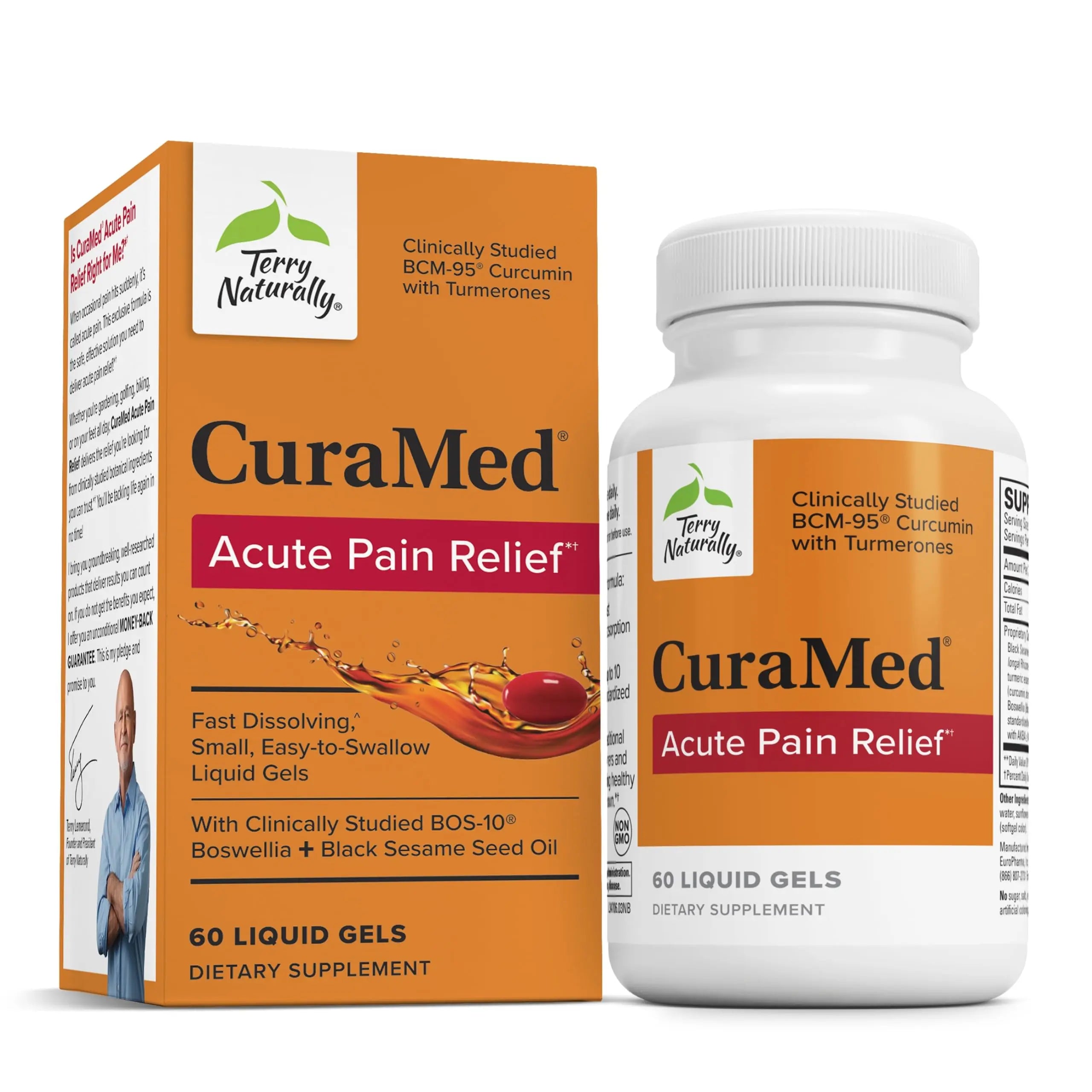 Terry Naturally CuraMed Acute Pain Relief - Supplement with BCM-95 Curcumin & BOS-10 Boswellia - Black Sesame Seed Oil to Support Relief of Occasional Discomfort - 60 Liquid Gels Terry Naturally uk supplements
