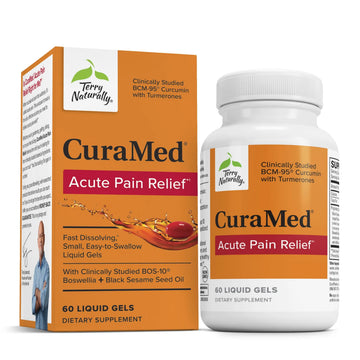 Terry Naturally CuraMed Acute Pain Relief - Supplement with BCM-95 Curcumin & BOS-10 Boswellia - Black Sesame Seed Oil to Support Relief of Occasional Discomfort - 60 Liquid Gels Terry Naturally uk supplements