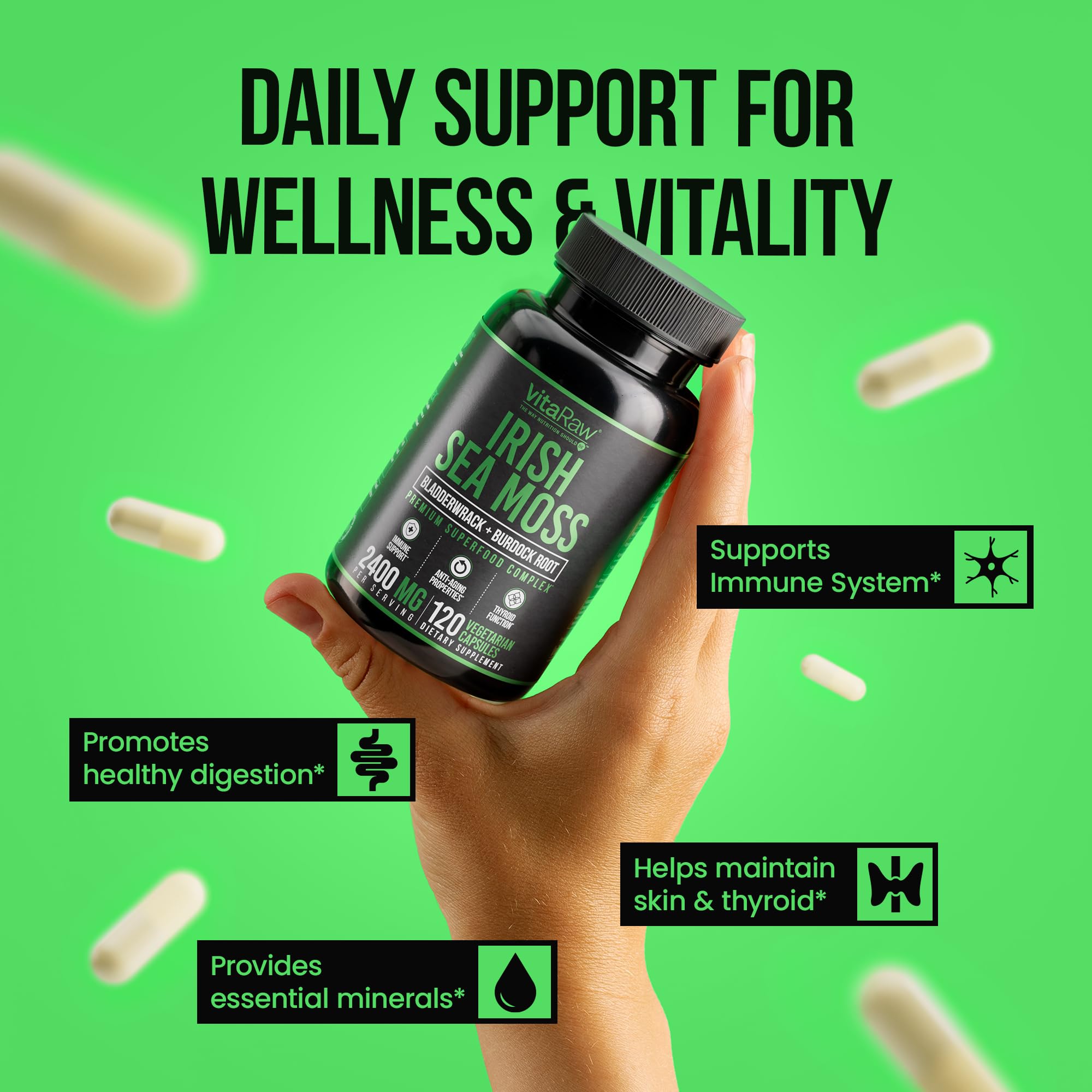 VitaRaw Organic Irish Sea Moss Capsules 2400 mg - Burdock Root and Bladderwrack Powder Real Seamoss Pills for Immune Support, Joint and Gut Health Help - Raw Sea Moss Advanced Herbal Supplement VitaRaw uk supplements