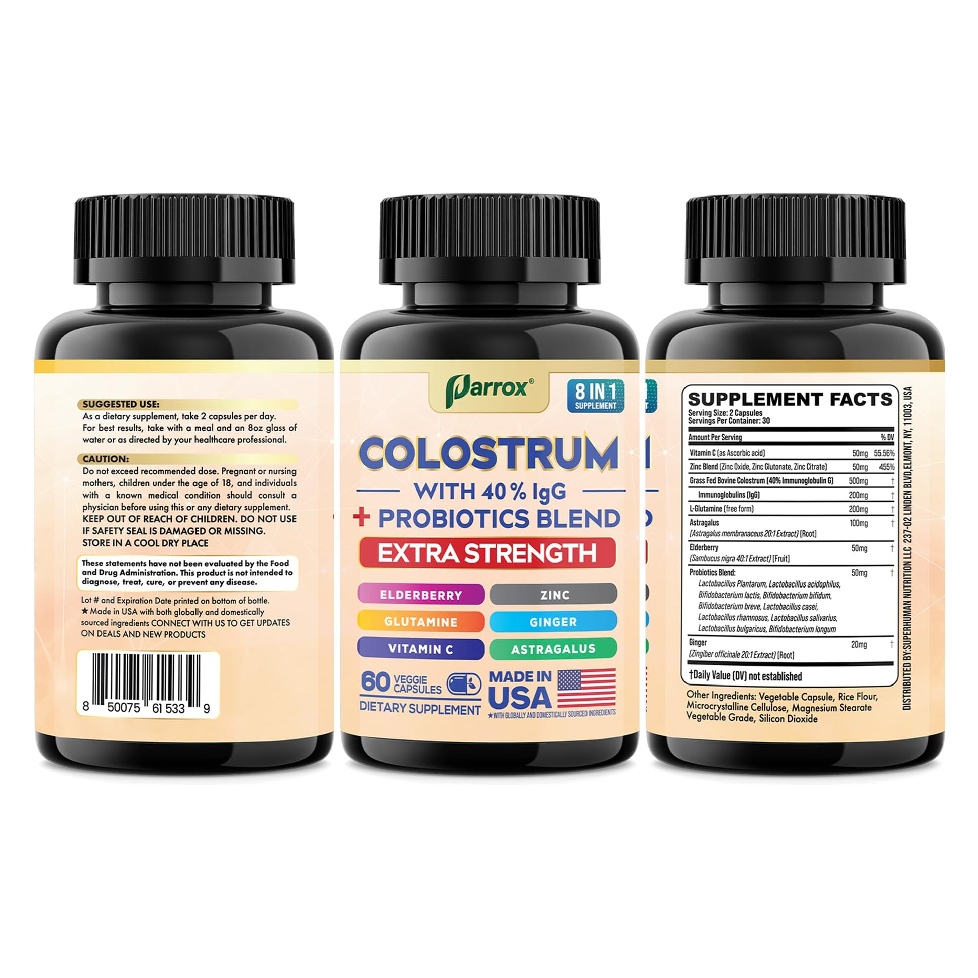 Parrox Colostrum Supplement Capsules, Grass Fed Cow Colostrum with 40% IgG, Probiotics Blend, Elderberry, Astragalus, Zinc, Ginger, Vitamin C, L-Glutamine, 8 in 1 Extra Strength Bovine Boost (60 Caps) Parrox uk supplements