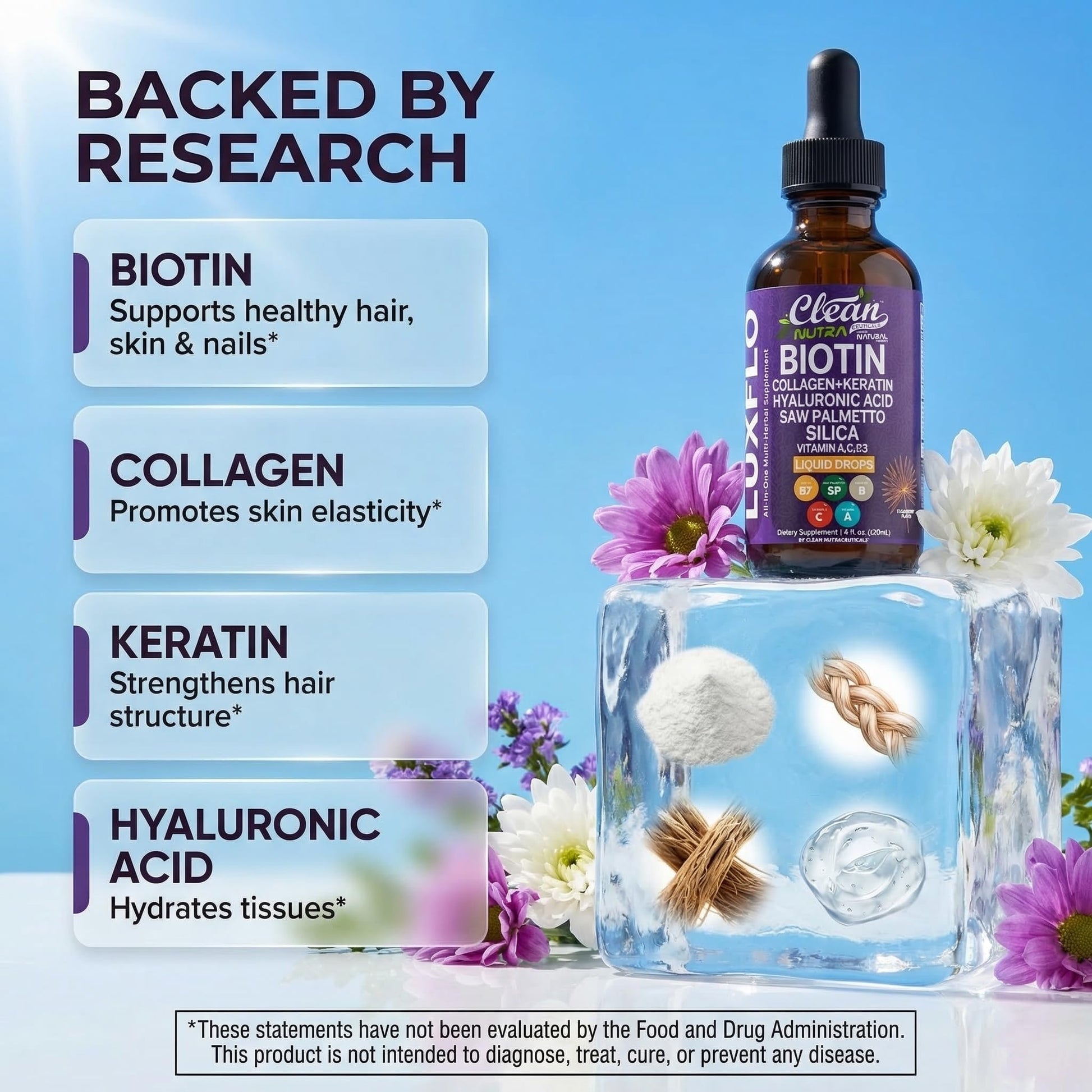 Liquid Biotin & Collagen Keratin Hyaluronic Acid Saw Palmetto Drops Vitamins for Hair Growth Support Silica Vitamin A C D Bamboo Turmeric Zinc Folate Magnesium Horsetail LuxFlo By Clean Nutra Clean Nutraceuticals uk supplements