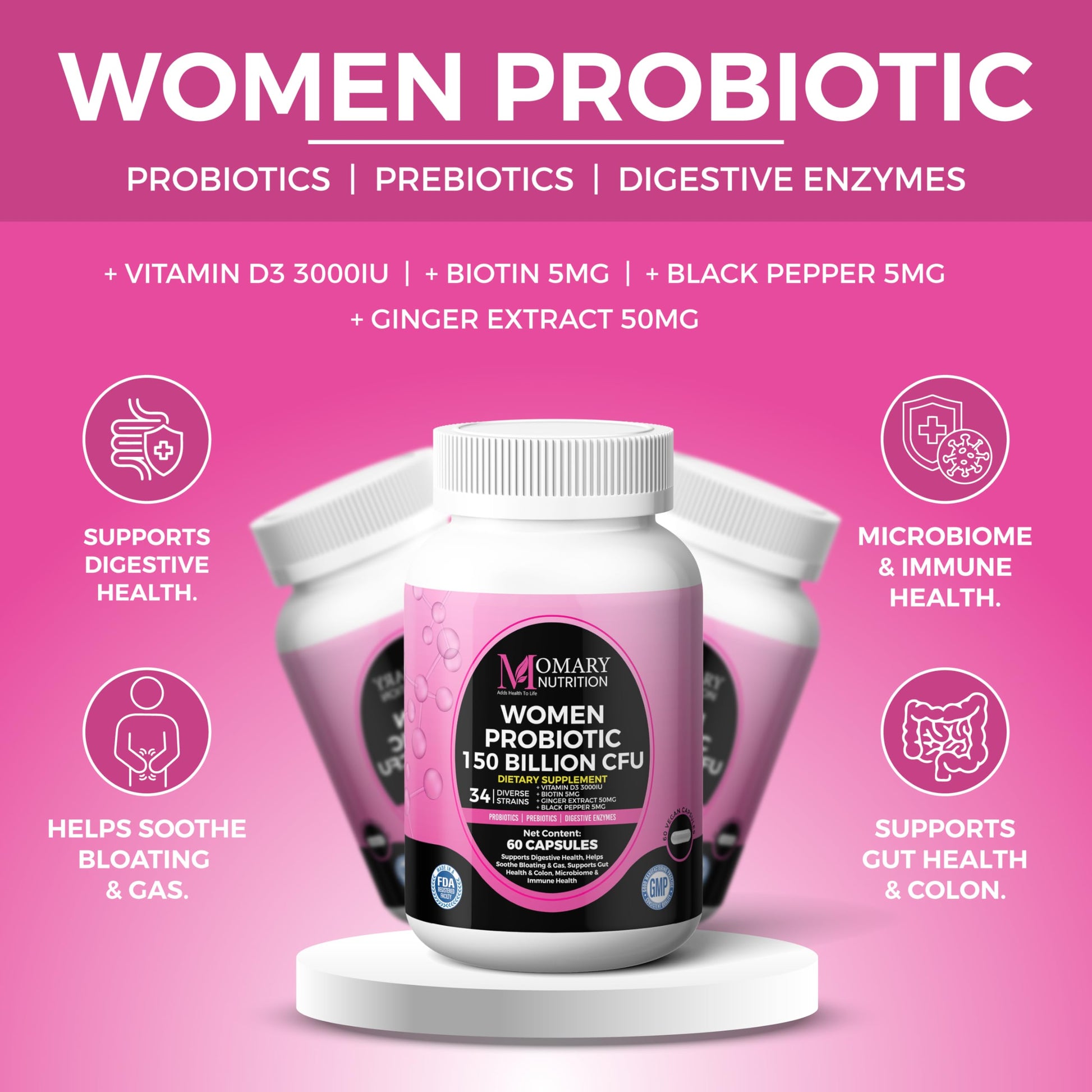 9-in-1 Bio Cultures Complex for Women – 150 Billion CFU Probiotics with 34 Diverse Strains, Organic Prebiotics, Postbiotics, Digestive Enzymes & Biotin – Supports Digestive Balance & Gut Microbiome MOMARY NUTRITION uk supplements