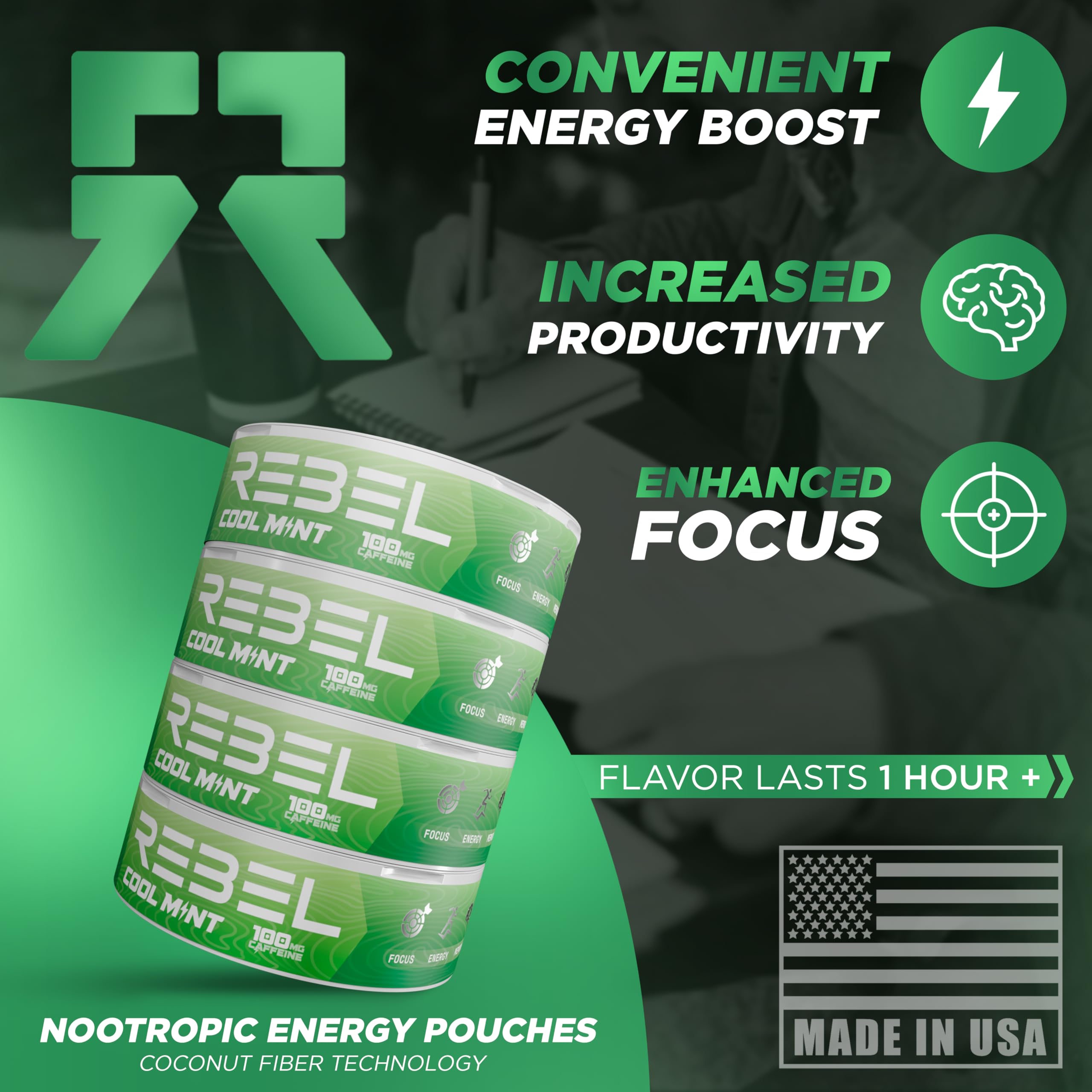 Rebel Nootropic Energy Caffeine Pouches (Cool Mint) • 100mg Caffeine • Alpha GPC • Huperzine A & Essential Vitamins • Sugar-Free • Coconut Fiber Technology • 15 Pouches Per Can (Pack of 4) Rebel Supplements uk supplements