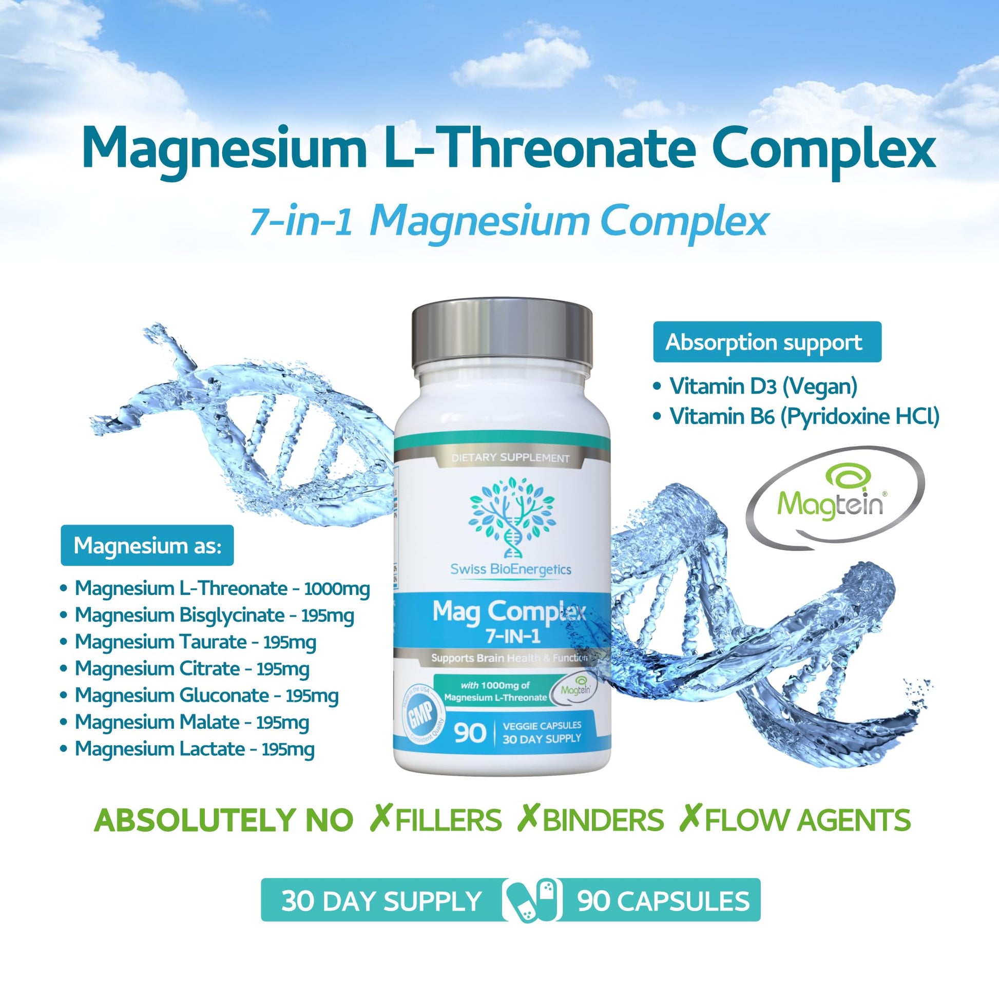 Magnesium L-Threonate Complex 7-in-1 with 1000mg of Magtein Plus Magnesium as Bisglycinate, Taurate, Citrate, Gluconate, Malate & Lactate - Supports Sleep - Vegan, US Made and No Artificial Nasties swiss bioenergetics uk supplements