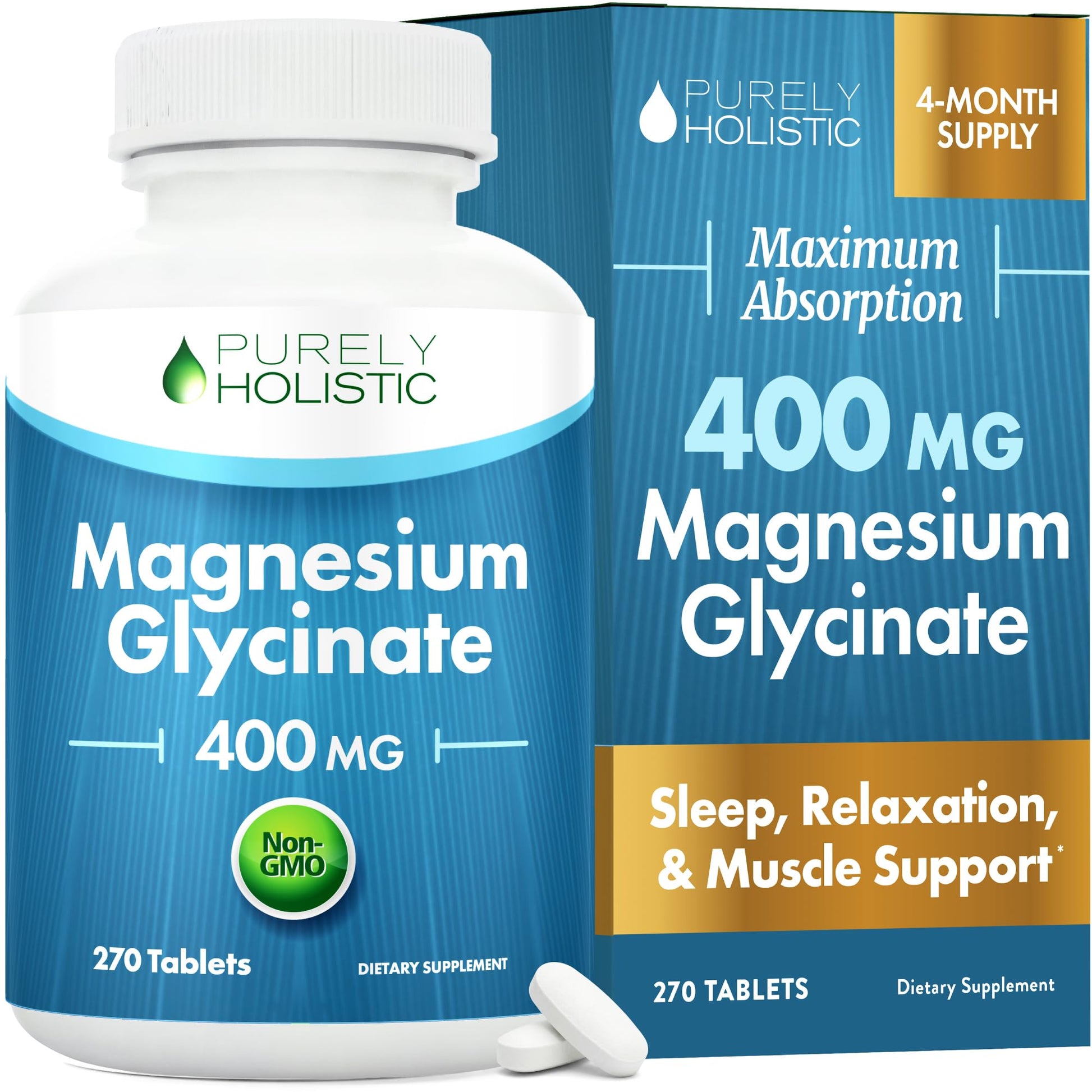 Magnesium Glycinate 400mg | 4+ Month Supply | Sleep, Relaxation & Muscle Support | High Absorption Chelated Magnesium Supplement for Women & Men | Gentle on Digestion | Vegan | 270 Tablets Purely Holistic uk supplements