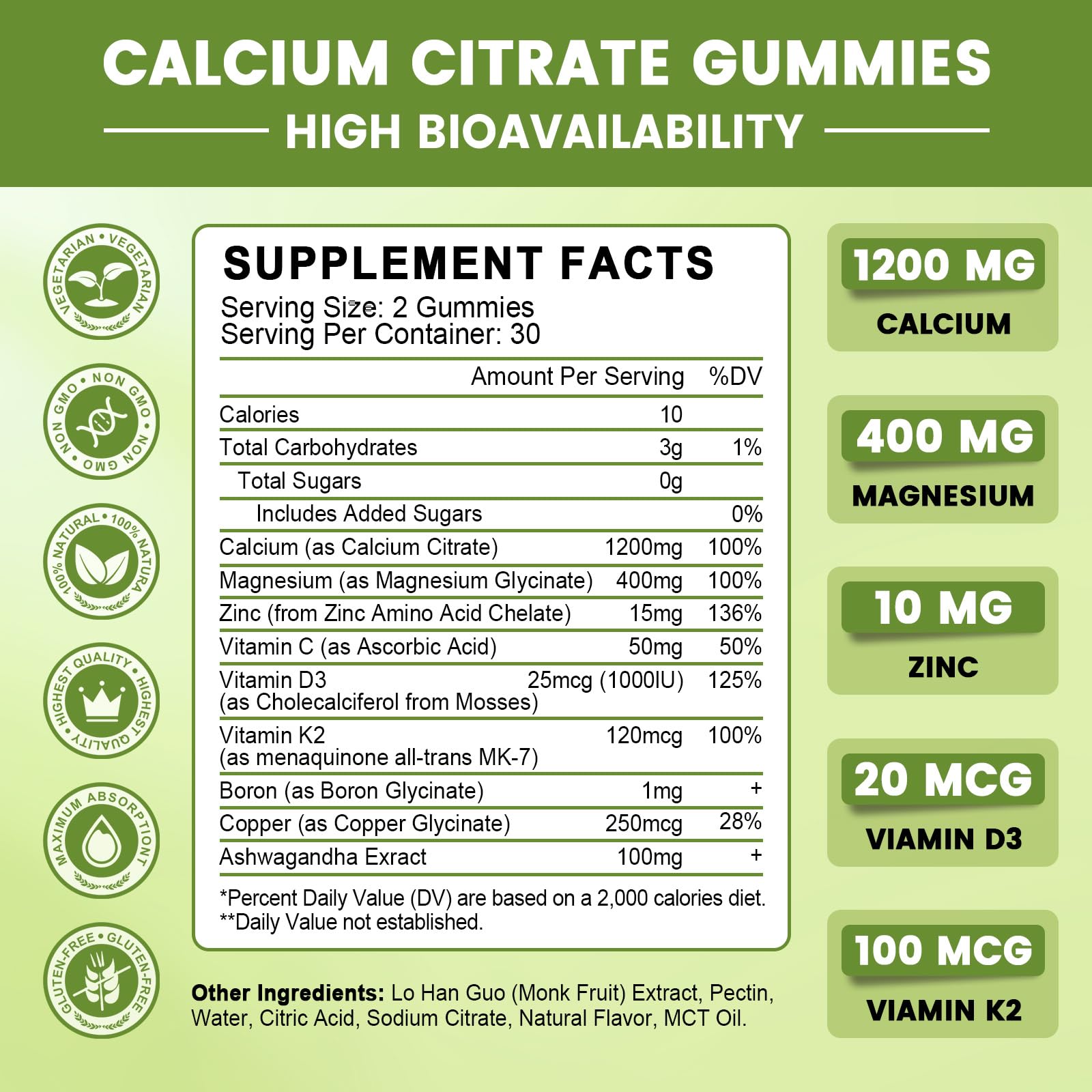 Calcium Citrate Gummies for Women, 1200mg Calcium Citrate Magnesium with Vitamin C D3 K2, Absorption Calcium Supplements for Bone, Muscle, Immune, Sugar Free (120Count) GONGOTA uk supplements