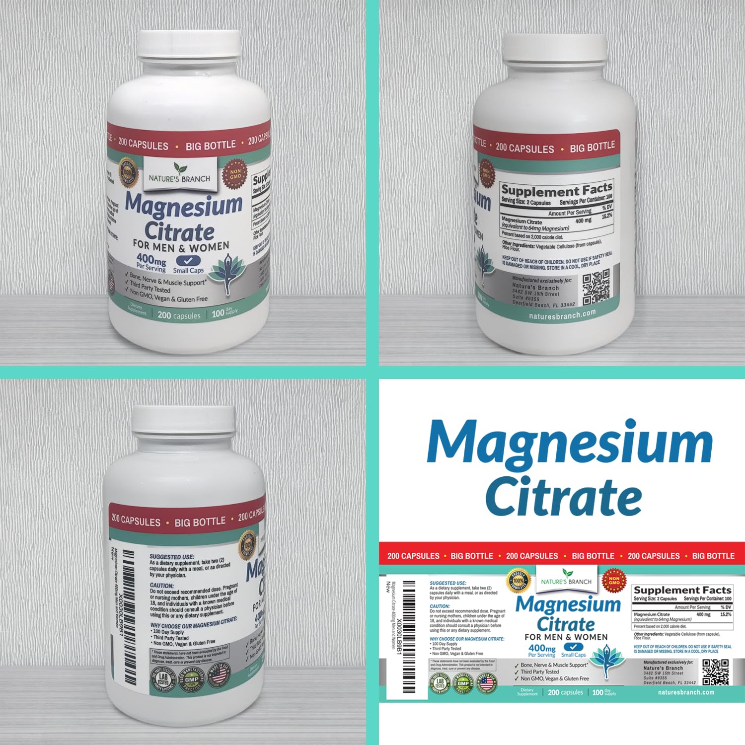 Magnesium Citrate 400mg | 200 Capsules, High Absorption for Sleep, Relax, Leg Cramps, Energy, Extra Strength Easy to Swallow Small Pills for Women & Men, Vegan Supplement for Digestion, Not Tablets NATURE'S BRANCH uk supplements
