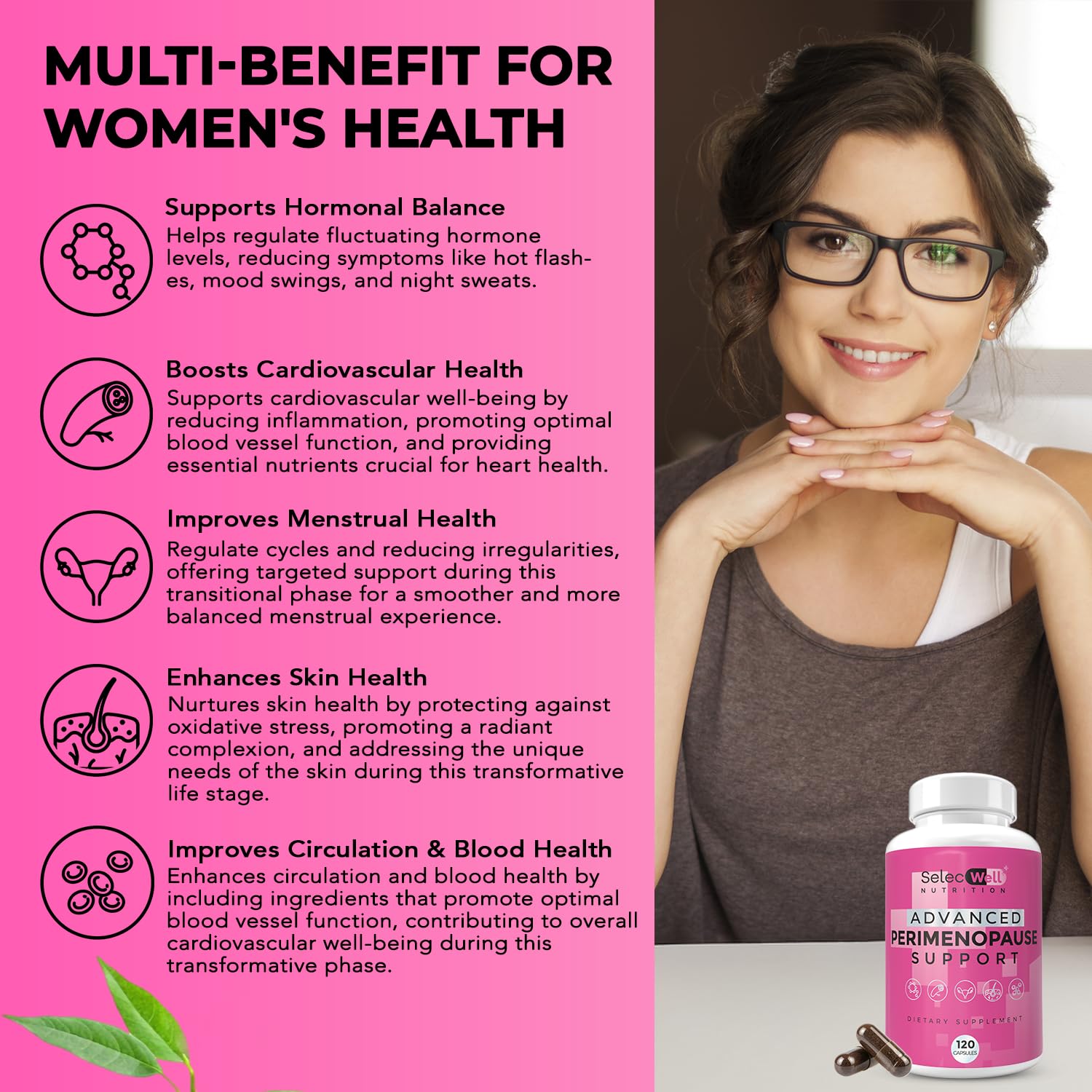 Perimenopause & Menopause Support Supplement for Women – Multi‑Symptom Relief with Black Cohosh & Red Clover Isoflavones | Ashwagandha Adaptogen & Herbal Blend | Hormone Balance Support | 120 Capsules SelecWell uk supplements