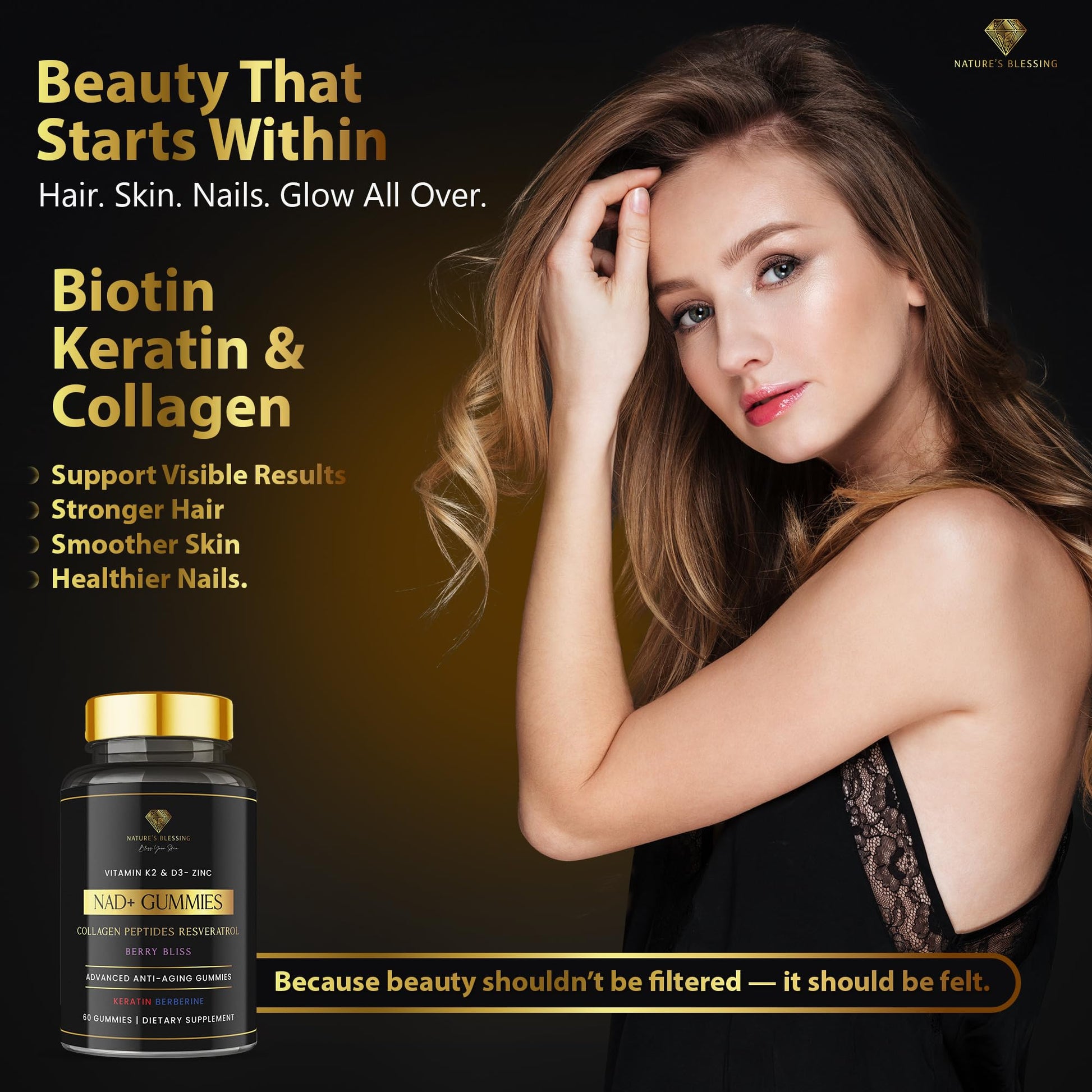 Nature's Blessing NAD+ Anti-Aging Gummies – Boost Cellular Repair, Brain Clarity & Radiant Skin – with Biotin, Collagen, Resveratrol, Vitamin D3, K2, Zinc & Keratin – Delicious Berry Bliss Nature's Blessing uk supplements