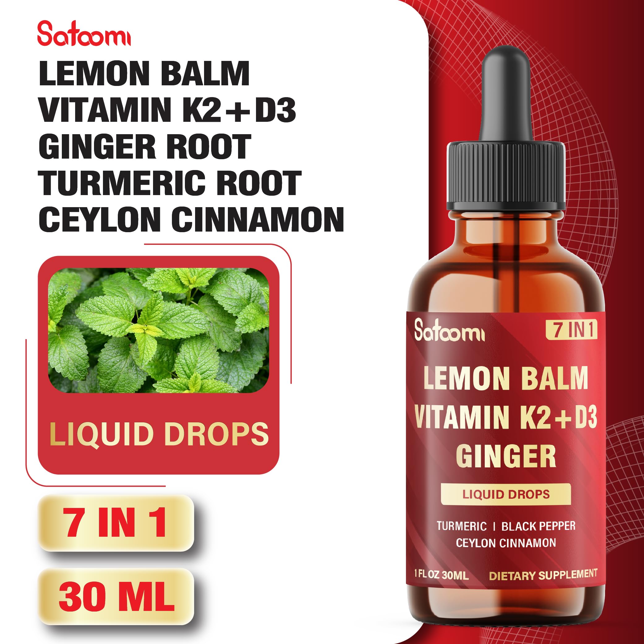 Satoomi 7in1 Lemon Balm Tincture with Vitamin D3, Vitamin K2, Ginger Root, Turmeric, Ceylon Cinnamon and Black Pepper - 1 FL Oz - 60 Day Supply Satoomi uk supplements