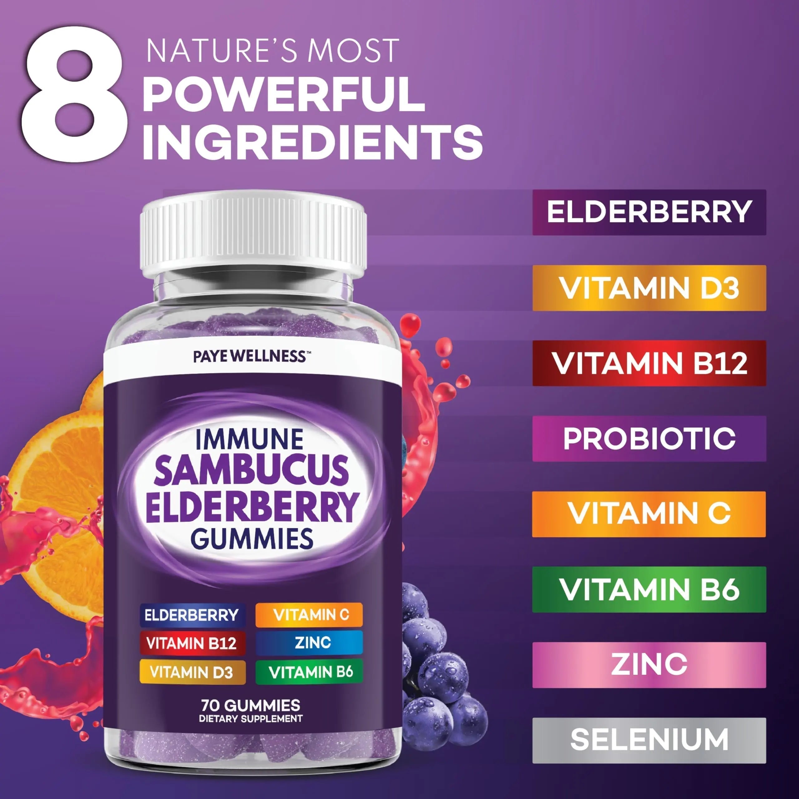 Elderberry Gummies Immune Support, Daily Support for Kids and Adults*, with Sambucus Elderberry, Zinc, Vitamin C, D3, B6, B12, Plus PAYÉ uk supplements