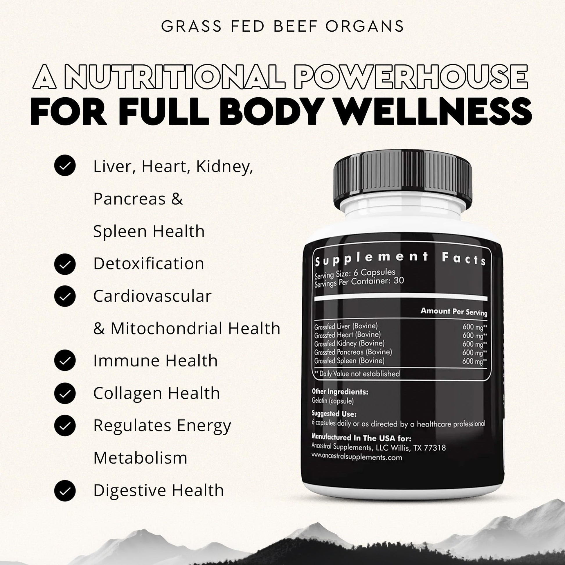 Ancestral Supplements Grass Fed Beef Organ Supplement, Supports Whole Body Wellness with Proprietary Blend of Liver, Heart, Kidney, Pancreas, Spleen, Freeze-Dried Beef, Non-GMO, 180 Capsules Ancestral Supplements uk supplements
