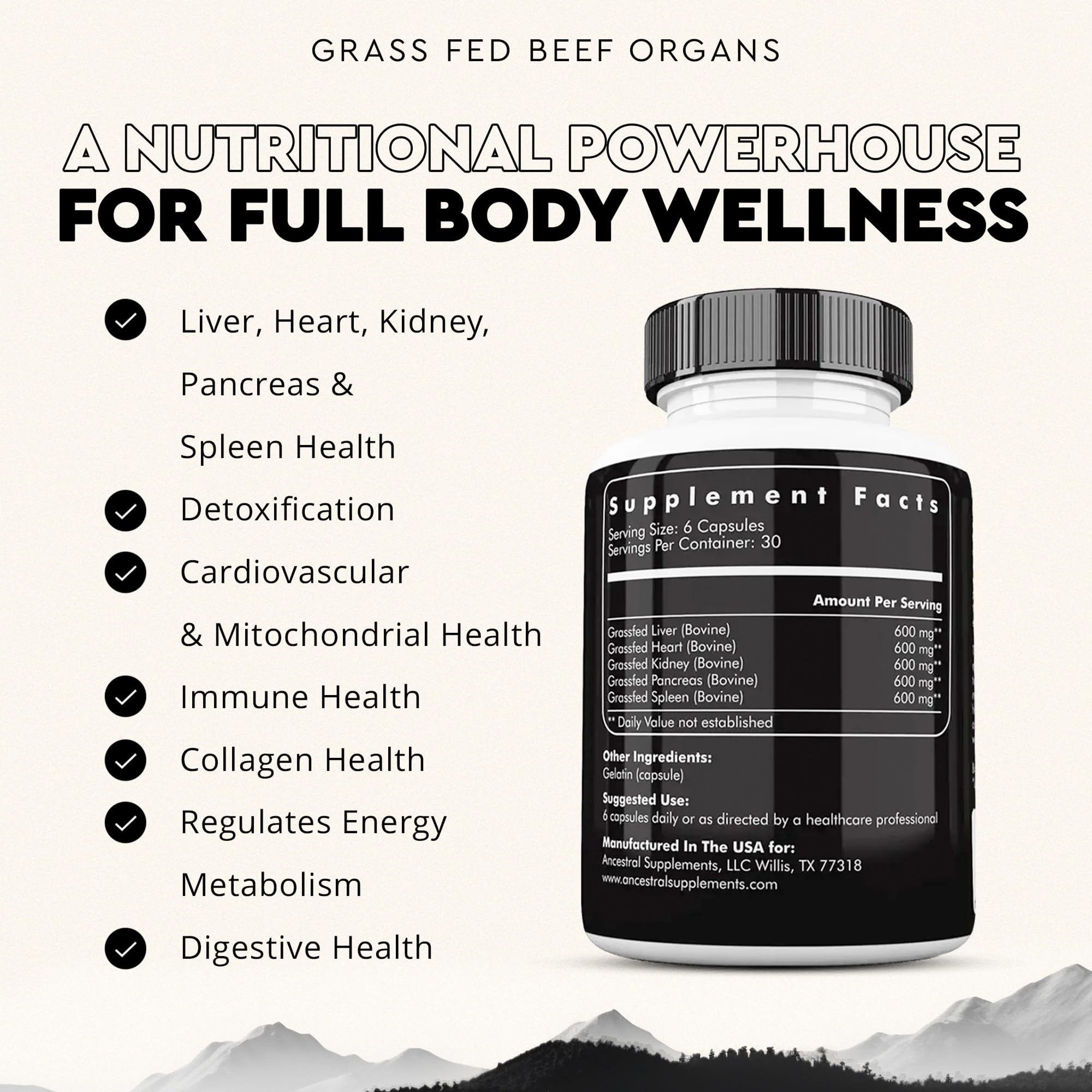 Ancestral Supplements Grass Fed Beef Organ Supplement, Supports Whole Body Wellness with Proprietary Blend of Liver, Heart, Kidney, Pancreas, Spleen, Freeze-Dried Beef, Non-GMO, 180 Capsules Ancestral Supplements uk supplements