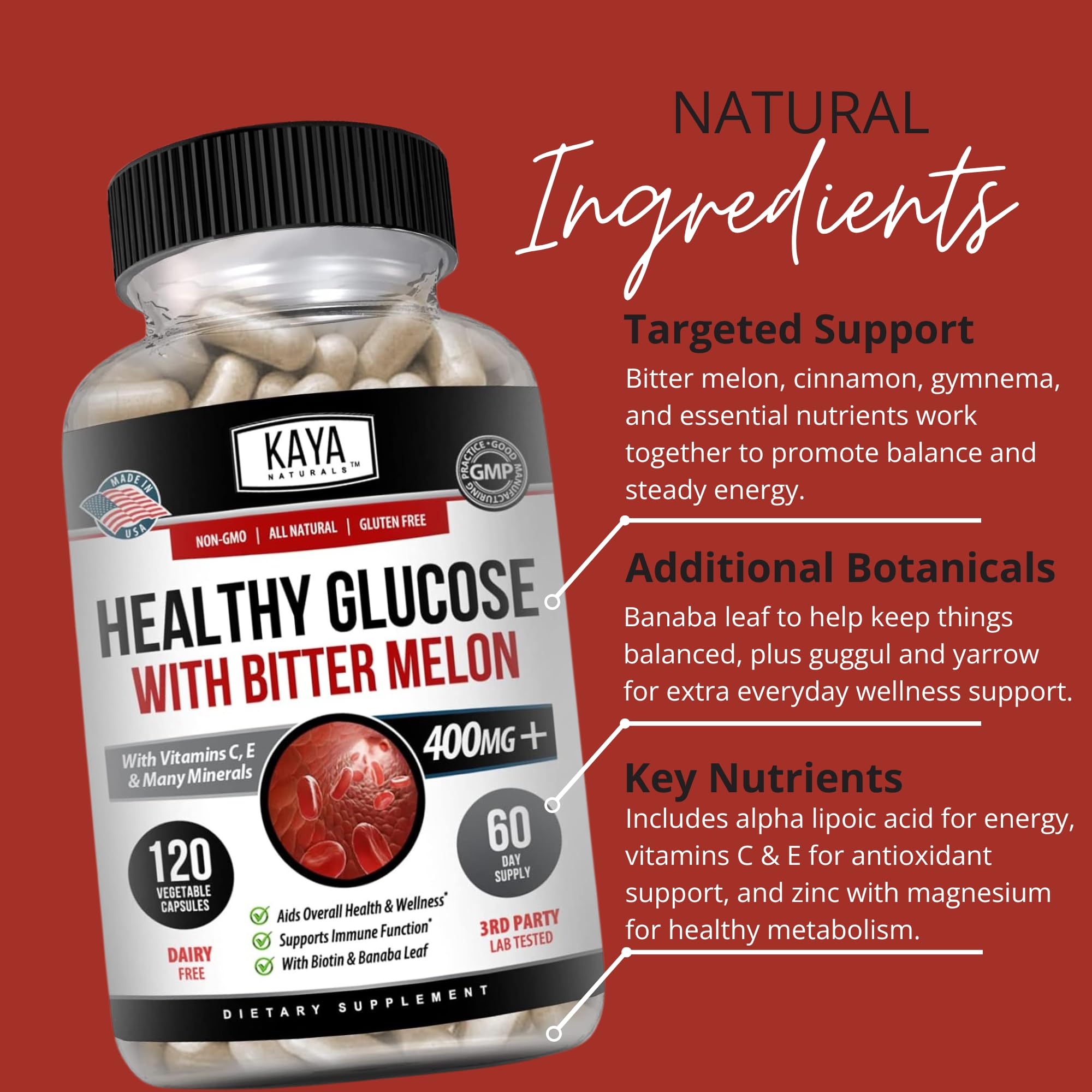 Kaya Naturals Healthy Gluco with Bittermelon Supplement | Support Healthy Levels and Function, 20 Herbs Vitamins and Minerals, Alpha Lipoic Acide, Cinnamon, Vitamin C & E, Non-GMO (120 Count) Kaya Naturals uk supplements