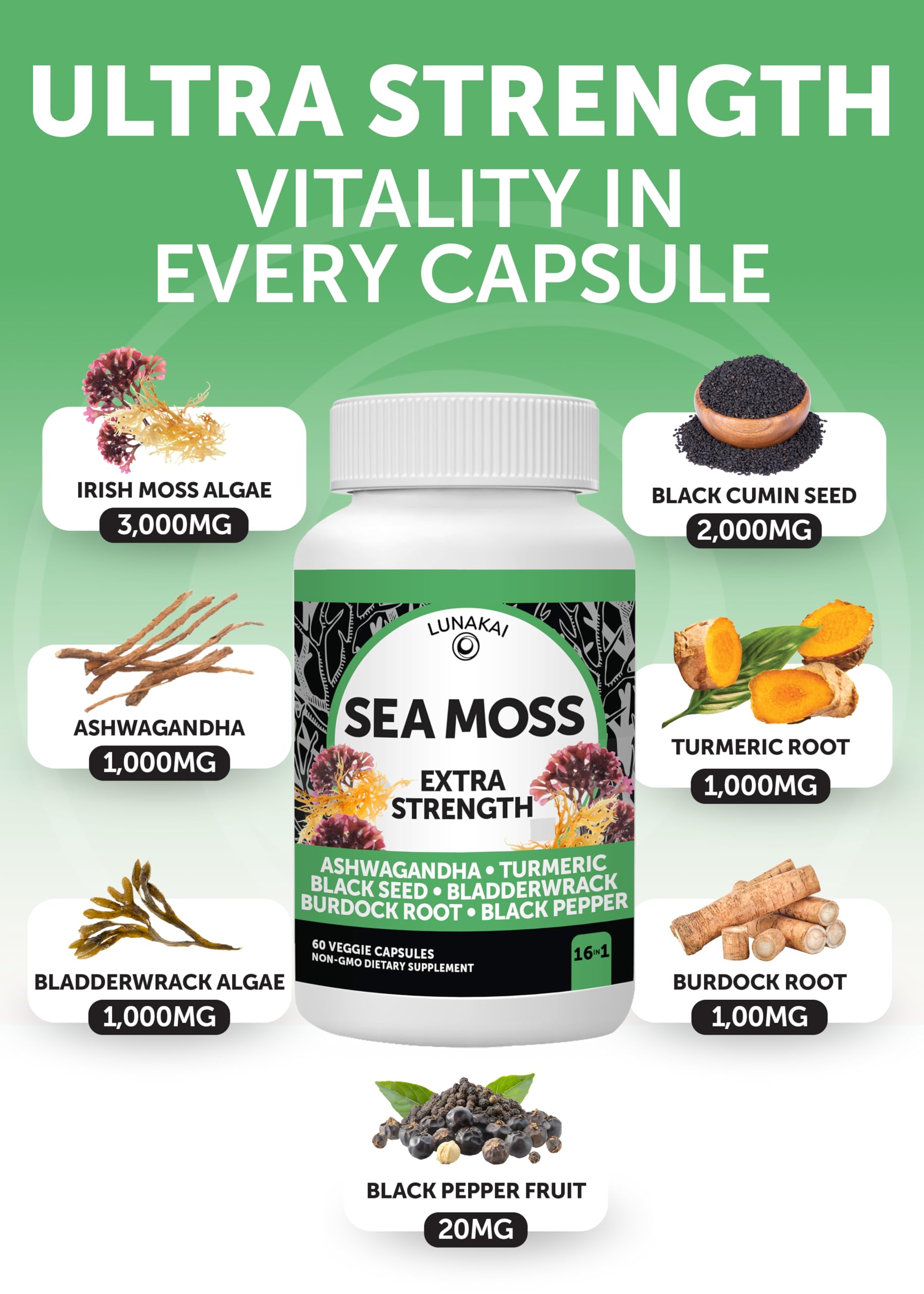 Lunakai USA Made Superfood Fruits & Veggies Supplement & Irish Sea Moss Bundle with 4 Blends, Black Seed Oil & Ashwagandha for Immune & Wellness Support Lunakai uk supplements