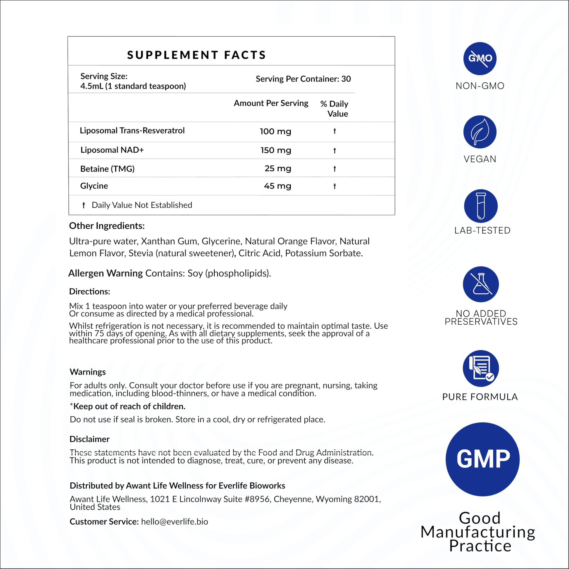 Everlife Liposomal NAD+ Liquid Supplement – 150mg Shot with Liposomal Trans-Resveratrol, TMG & Glycine – Boosts Energy, Cellular Repair, Healthy Aging & Longevity – NMNH Alternative – 30 Servings Everlife uk supplements