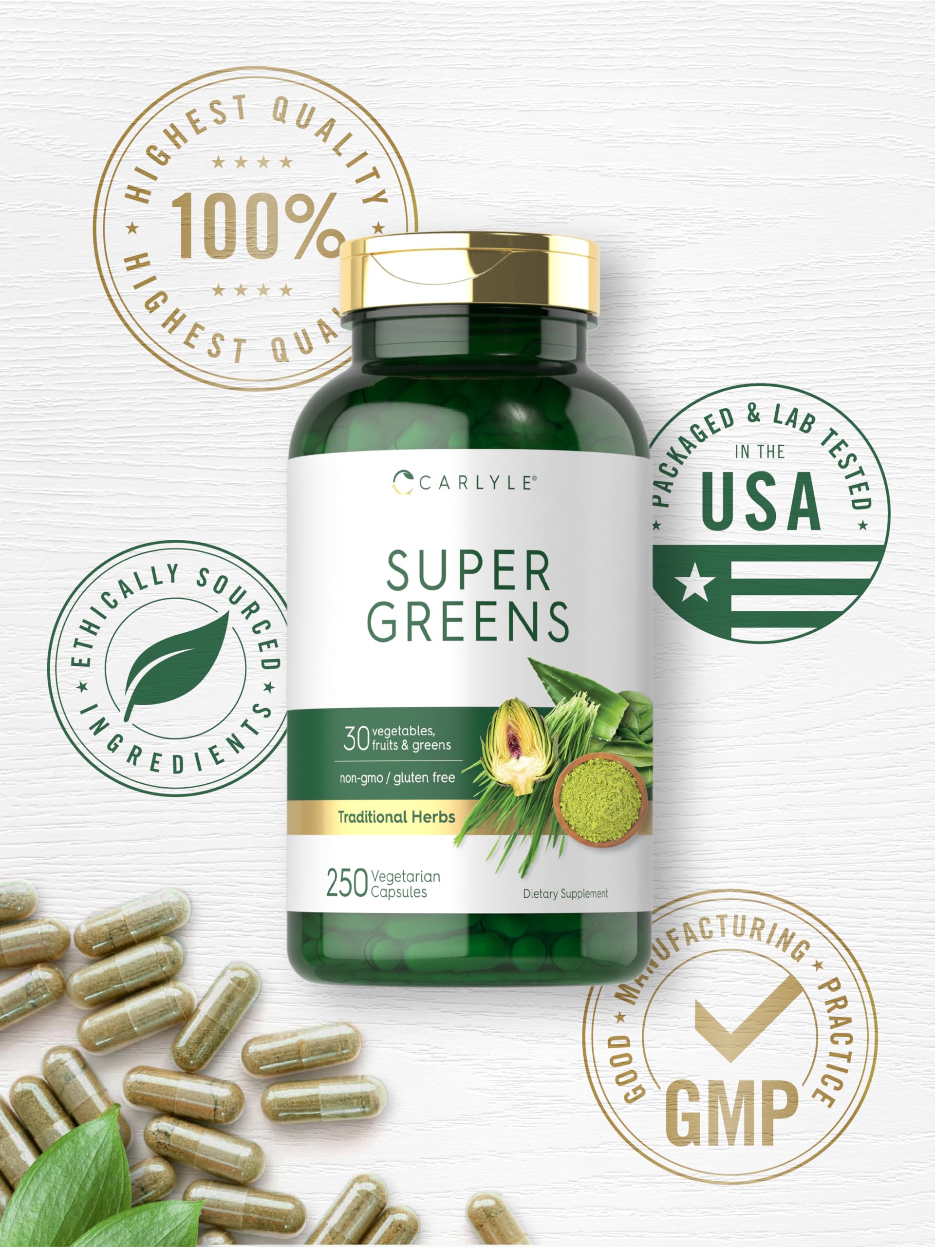Carlyle Super Greens Capsules | 250 Count | Blend of 13 Vegetables and Greens Plus 17 Fruits | Non-GMO & Gluten Free Supplement Carlyle uk supplements
