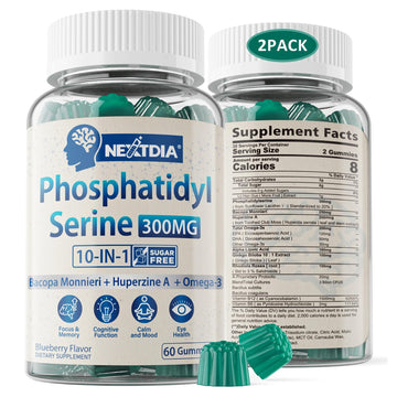 Phosphatidylserine - Nootropic Brian Supplement, Focus & Energy Gummies+ Bacopa Monnieri, Omega 3, Huperzine A, Methyl B12 & B6 for Seniors, Gamers, Workers, Non-GMO, Caffeine-Free, Sugar Free, 2 Pack Nextdia uk supplements